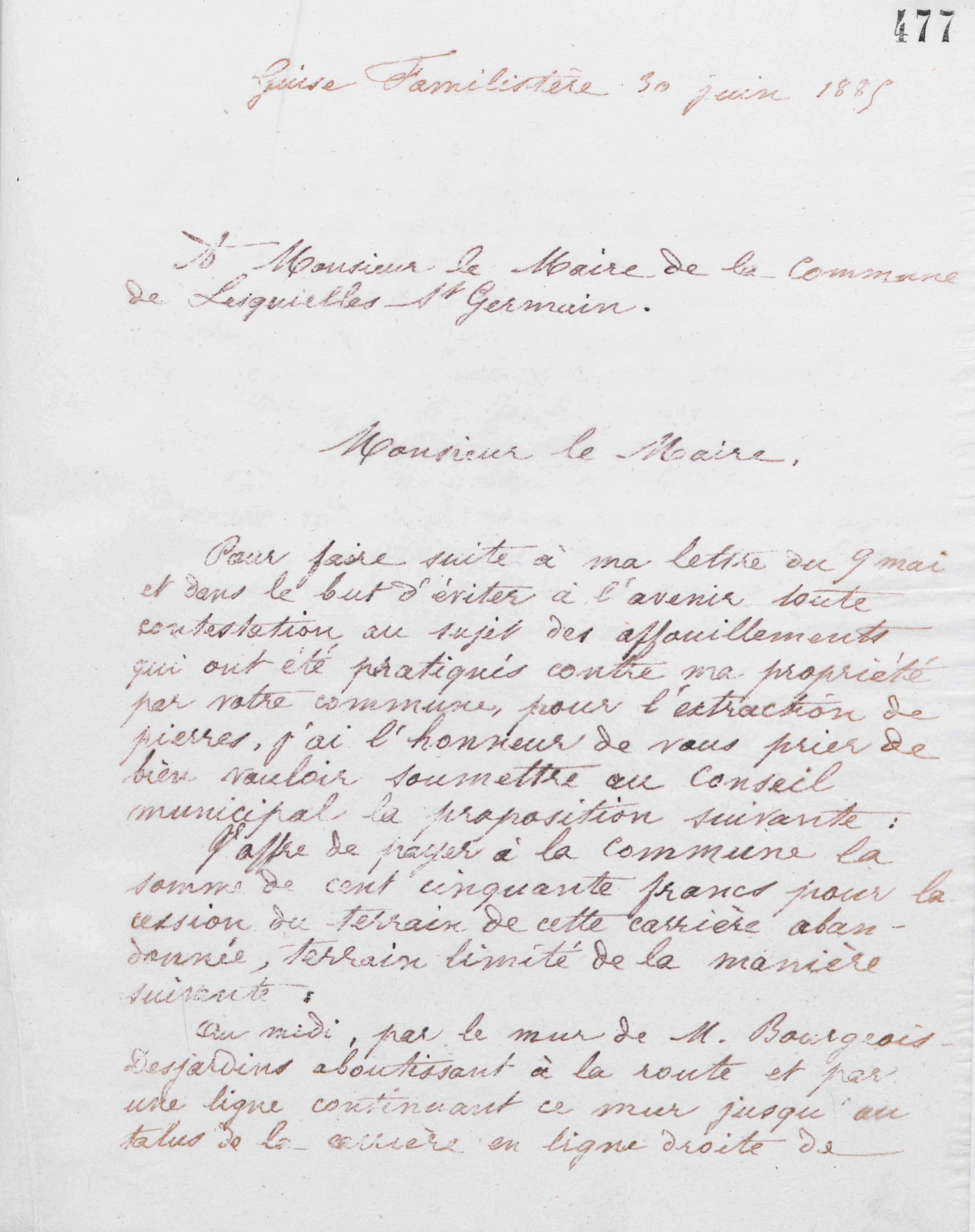 Marie Moret au maire de Lesquielles-Saint-Germain, 30 juin 1885