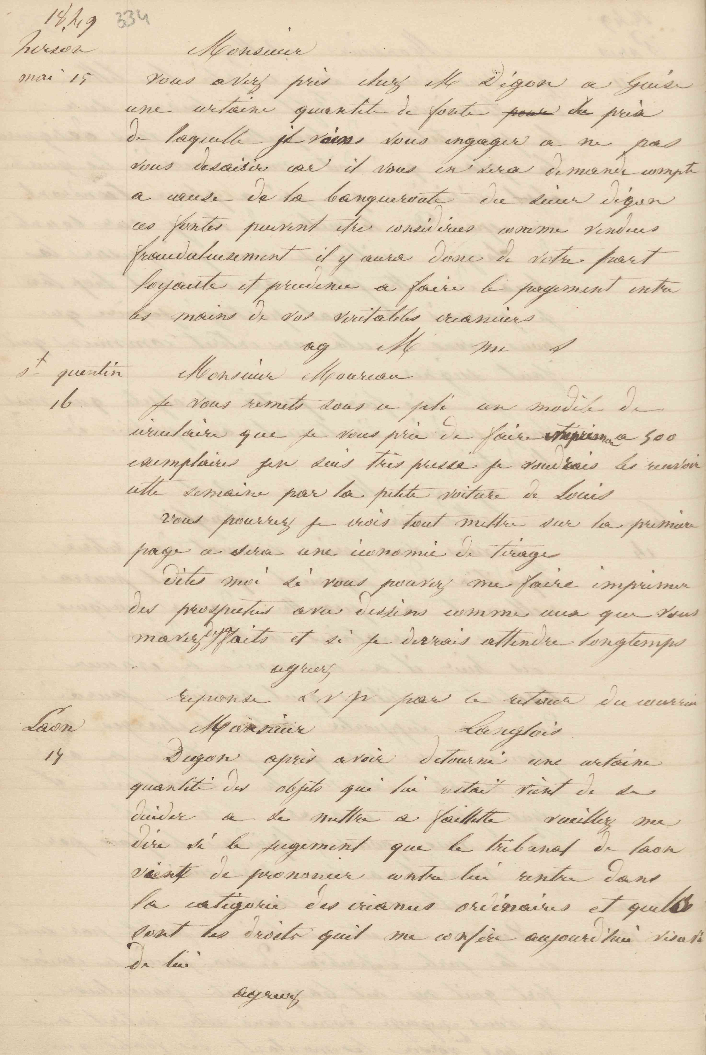 Jean-Baptiste André Godin à Louis Adolphe Moureau, 16 mai 1849