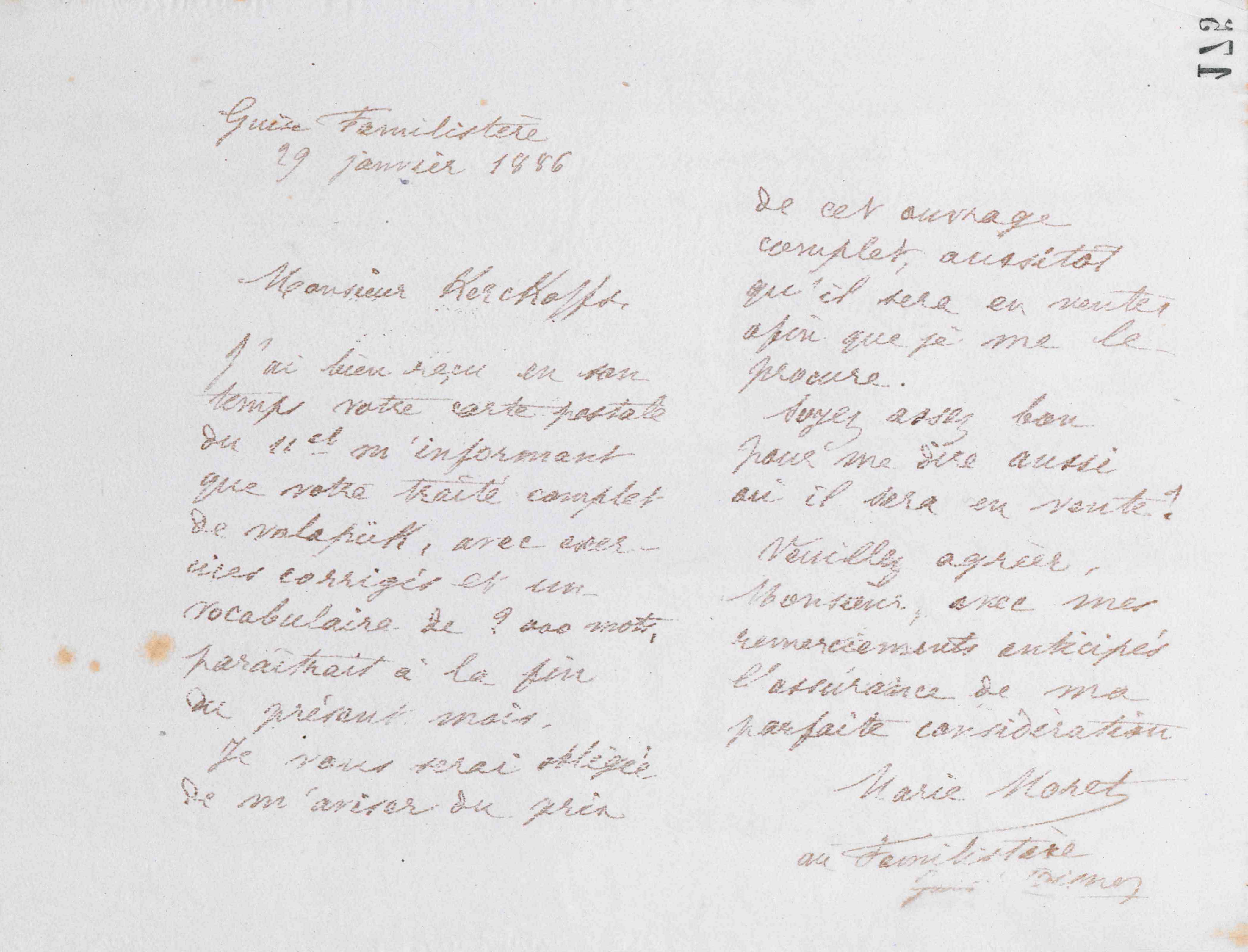 Marie Moret à August Kerckoffs, 29 janvier 1886