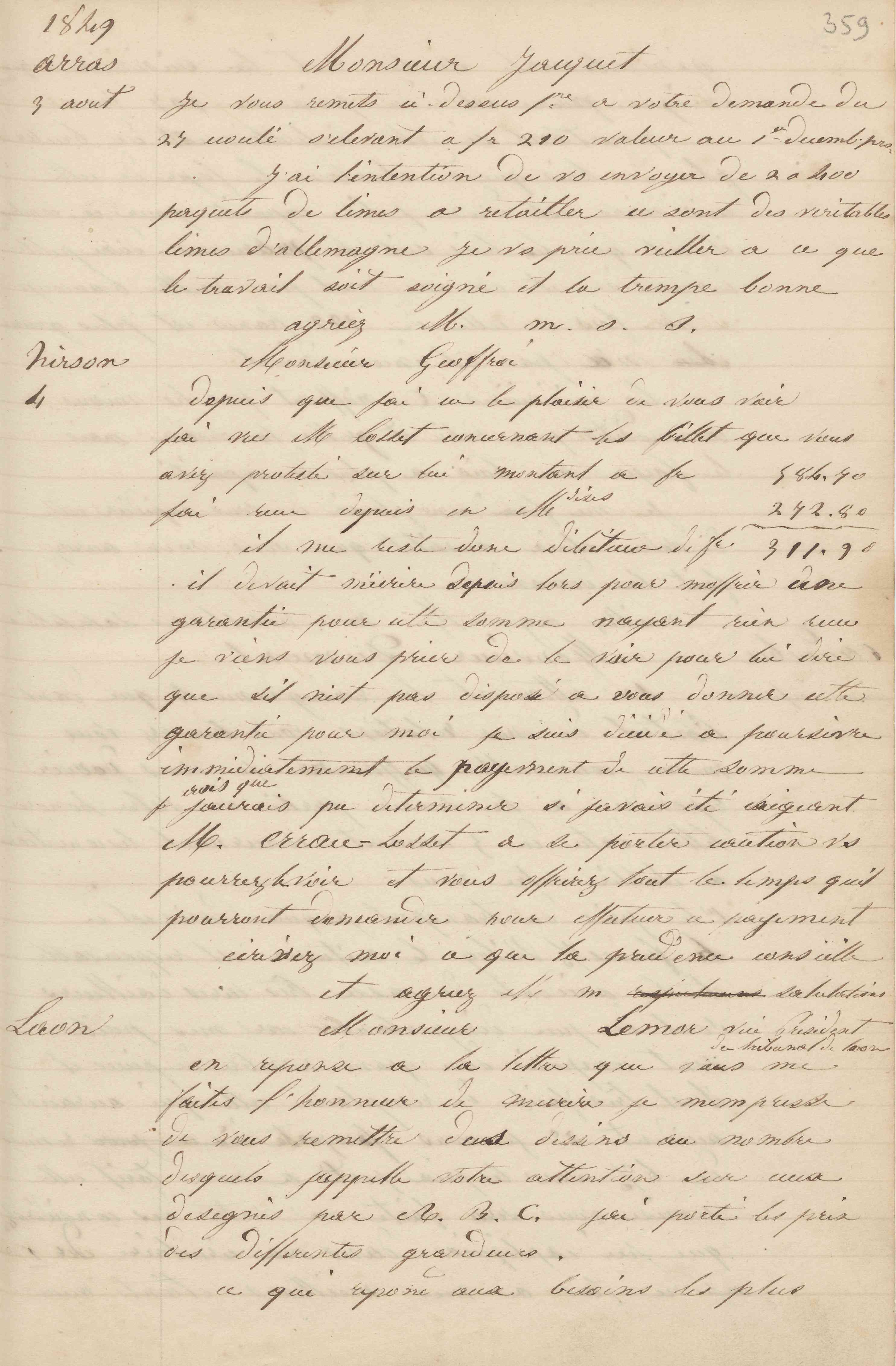 Jean-Baptiste André Godin à monsieur Jacquet-Robillard, 3 août 1849