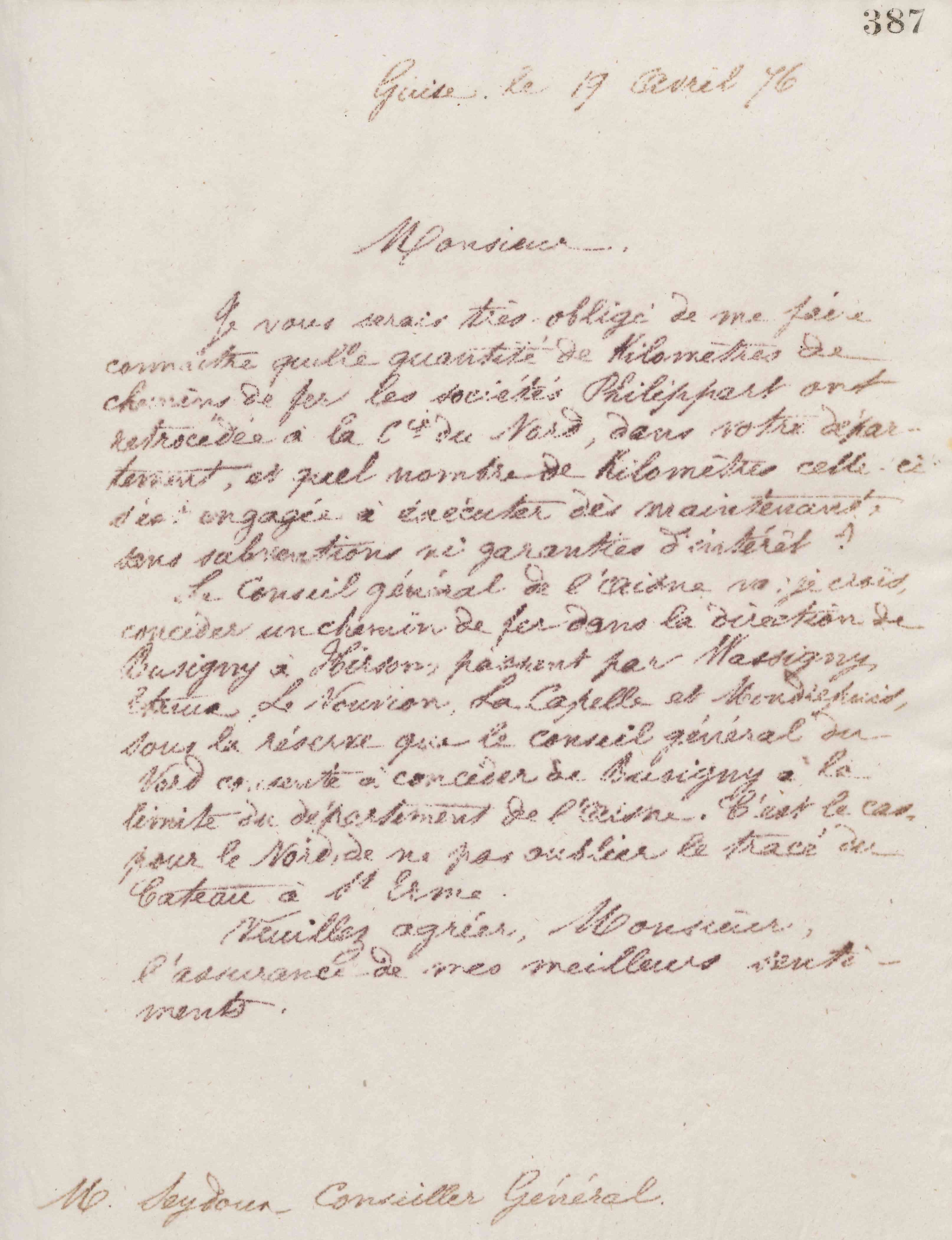 Jean-Baptiste André Godin à Charles Seydoux, 19 avril 1876