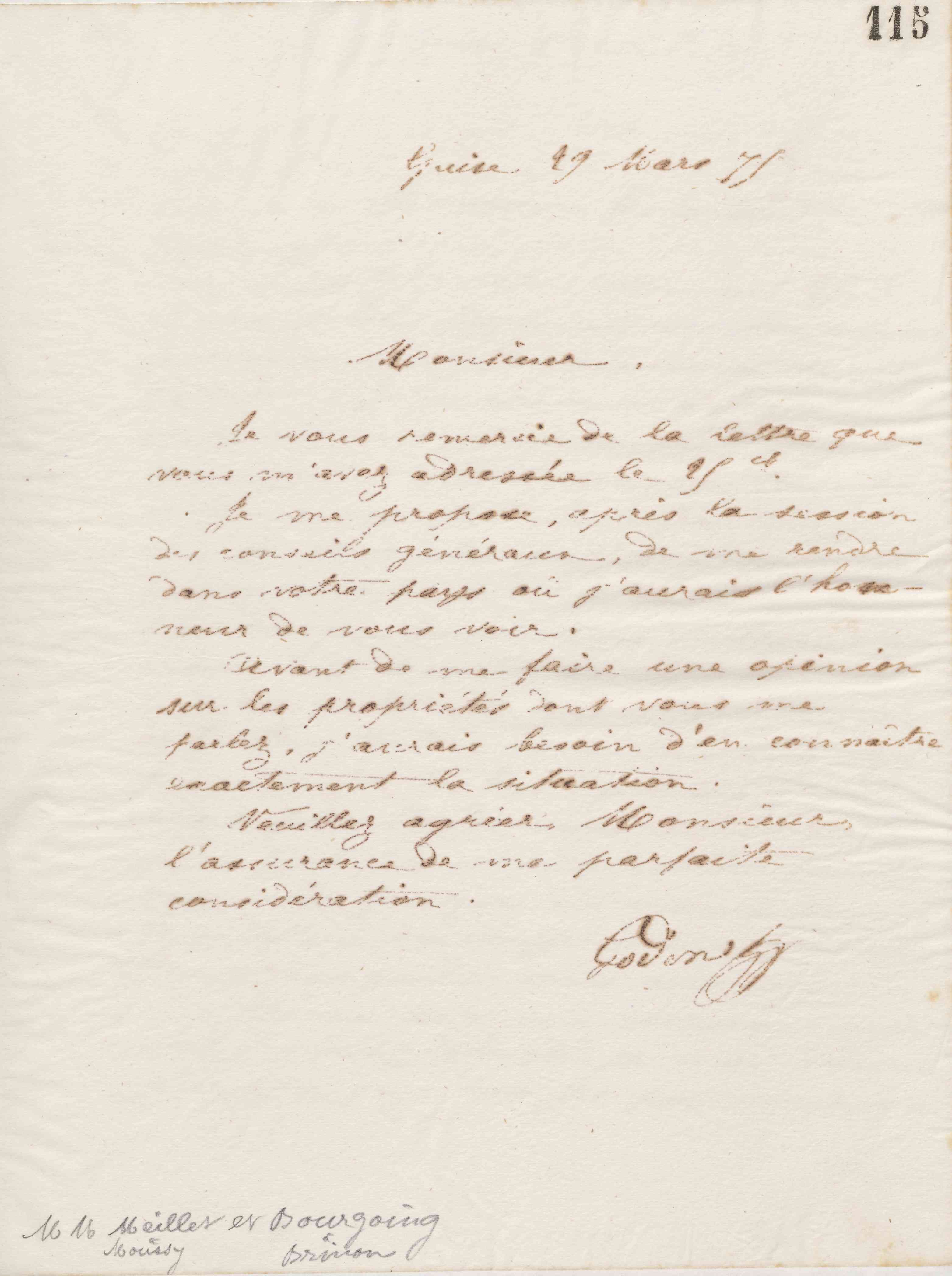 Jean-Baptiste André Godin à messieurs Meillet et Bourgoin, 29 mars 1875