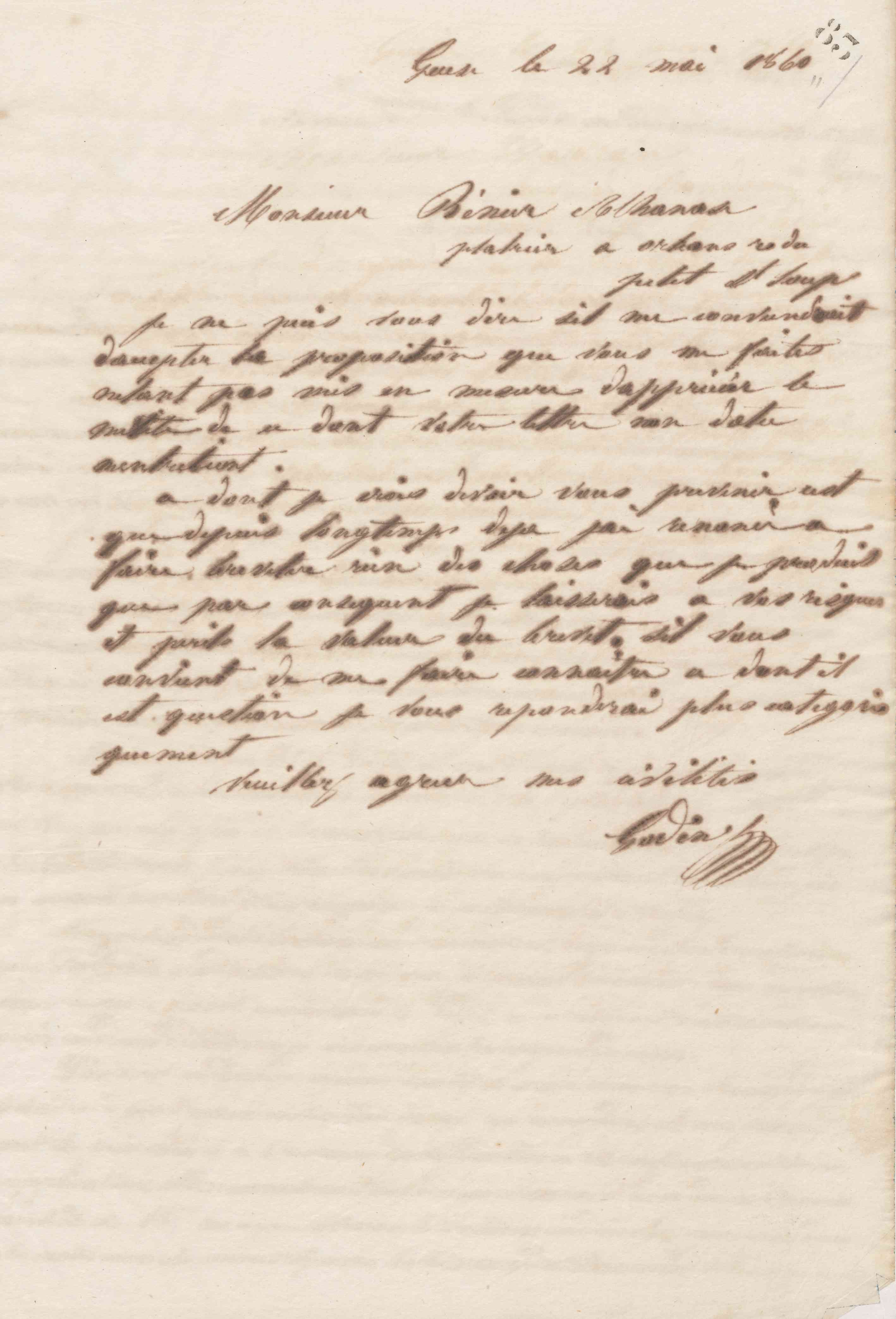 Jean-Baptiste André Godin à Athanase Bénier, 22 mai 1861