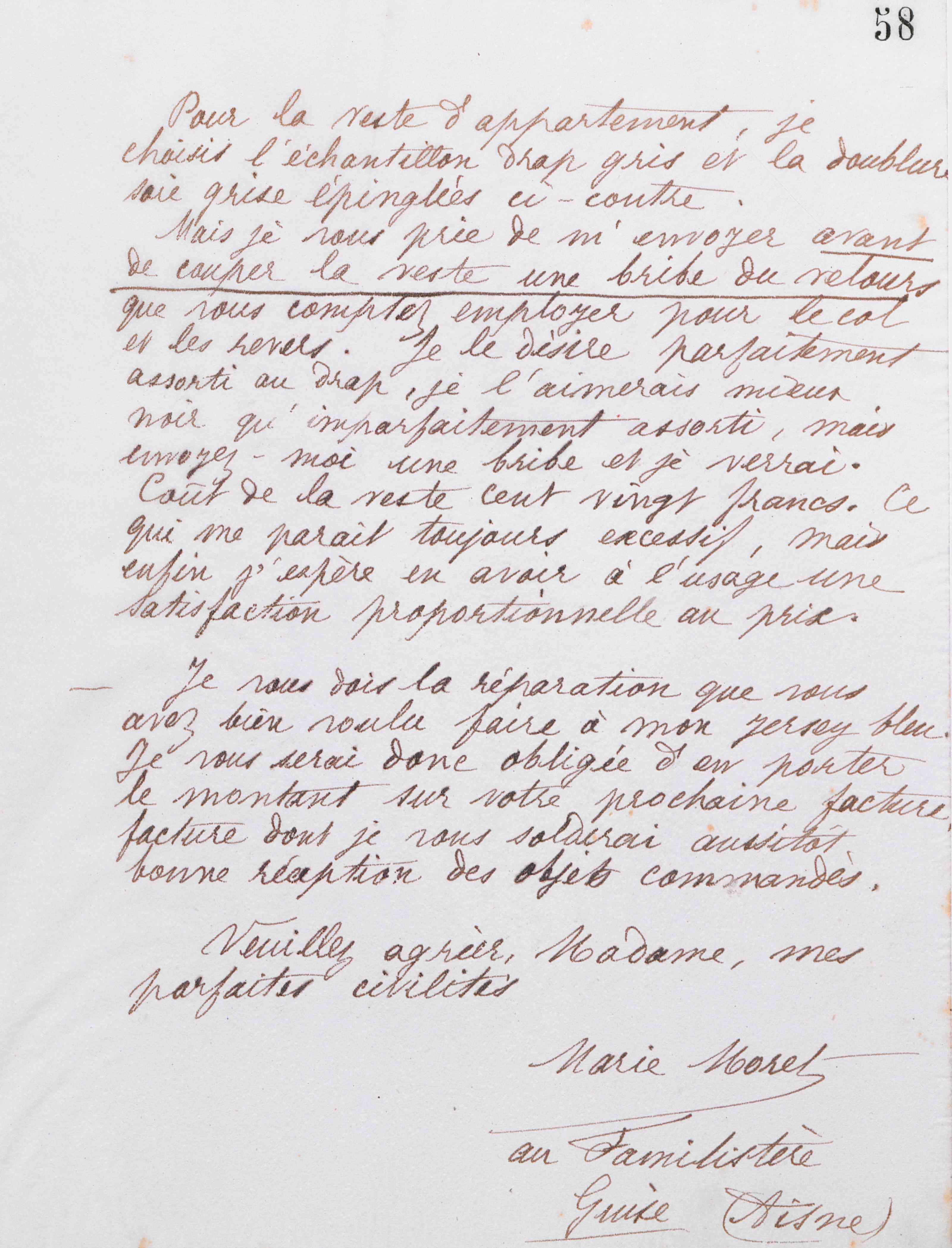 Marie Moret à madame Grivet, 18 septembre 1885
