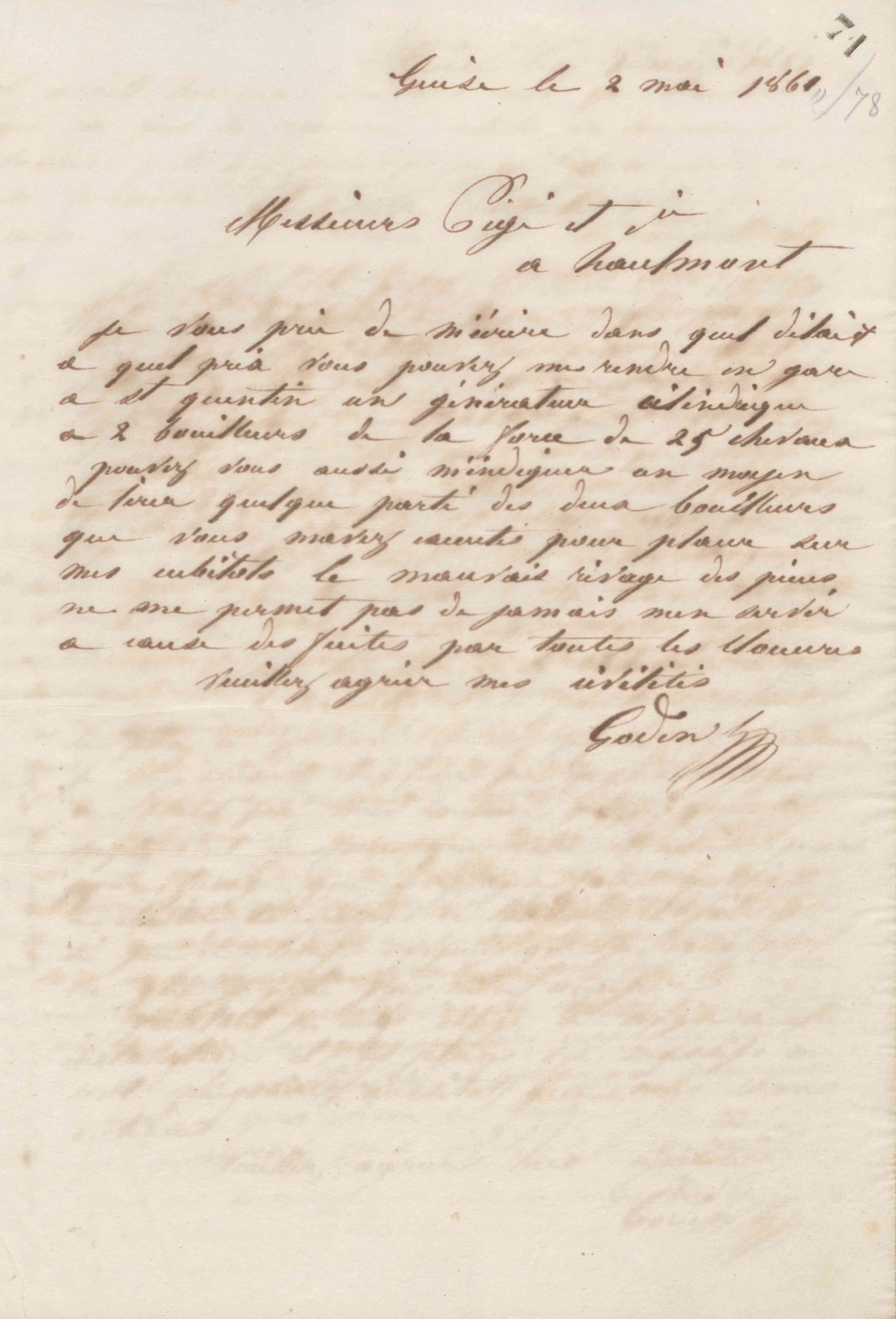 Jean-Baptiste André Godin à Pigé et Cie, 2 mai 1861