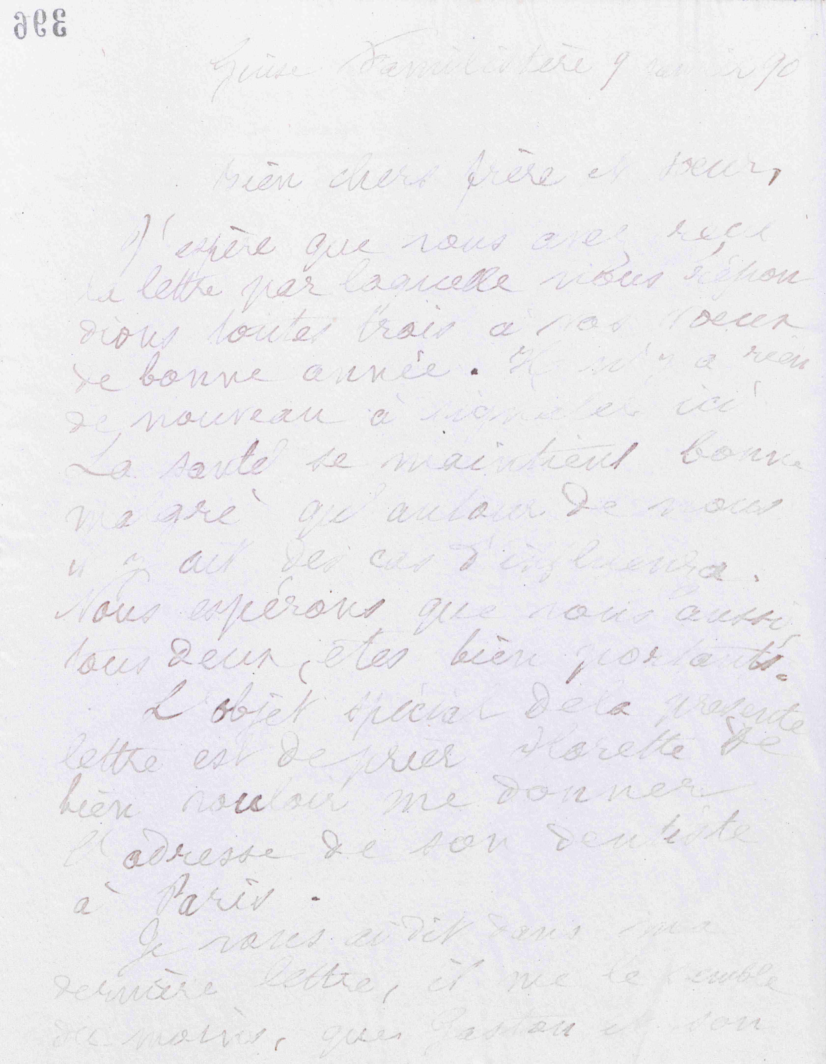 Marie Moret à Amédée et Flore Moret, 9 janvier 1890 Marie Moret à Amédée et Flore Moret, 9 janvier 1890