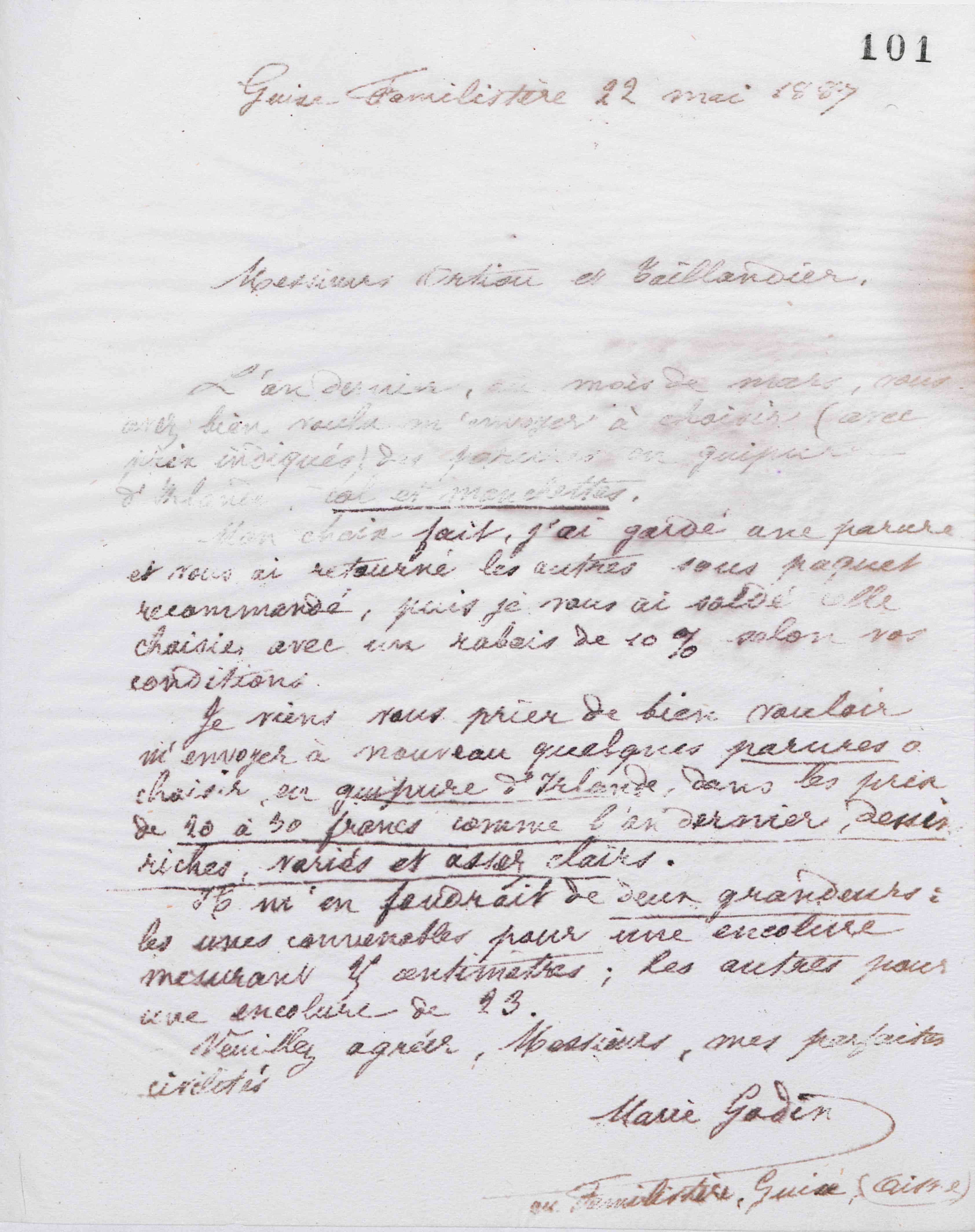 Marie Moret à Ortiou et Taillandier, 22 mai 1887