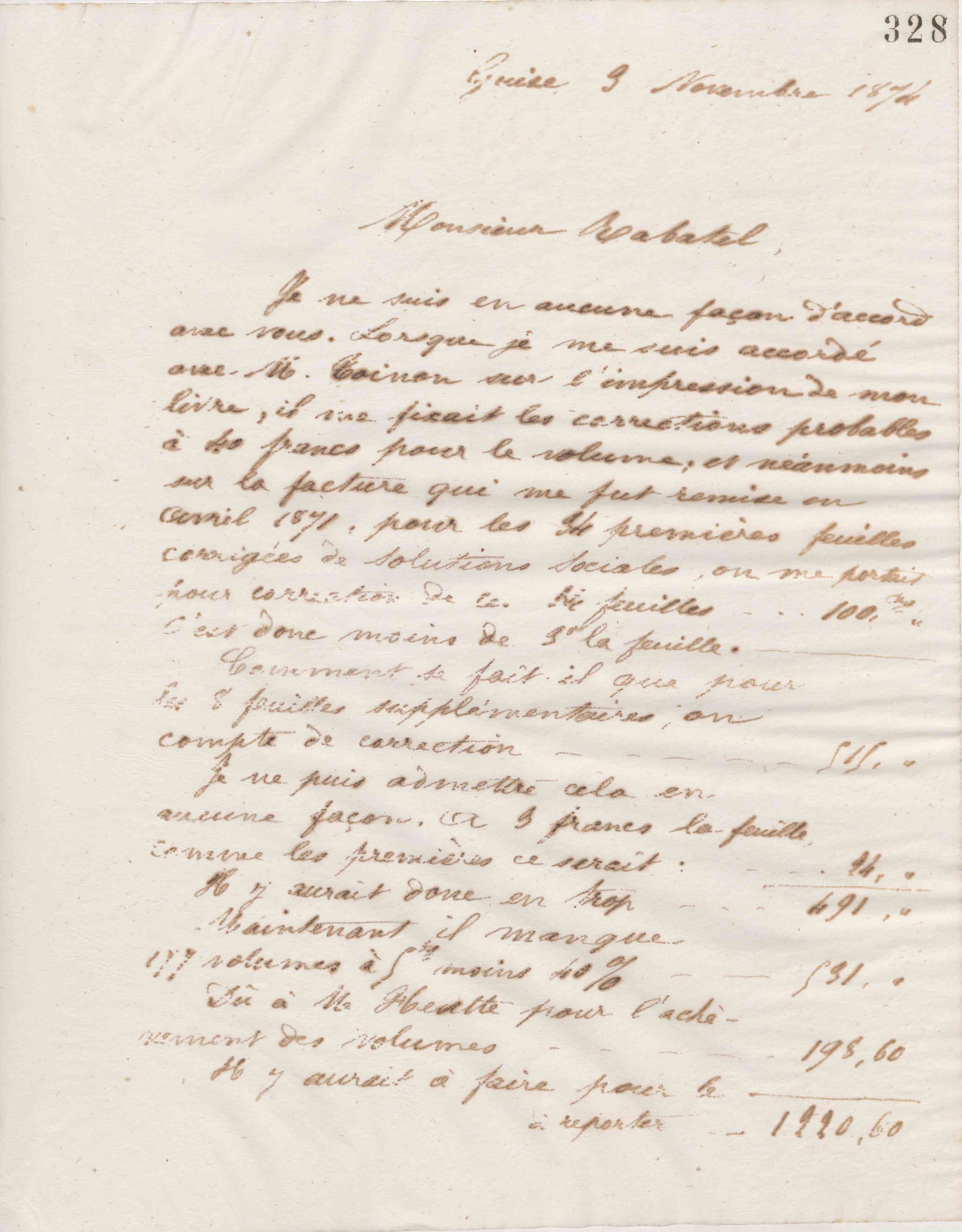 Jean-Baptiste André Godin à monsieur Rabatel, 3 novembre 1874 Jean-Baptiste André Godin à monsieur Rabatel, 3 novembre 1874