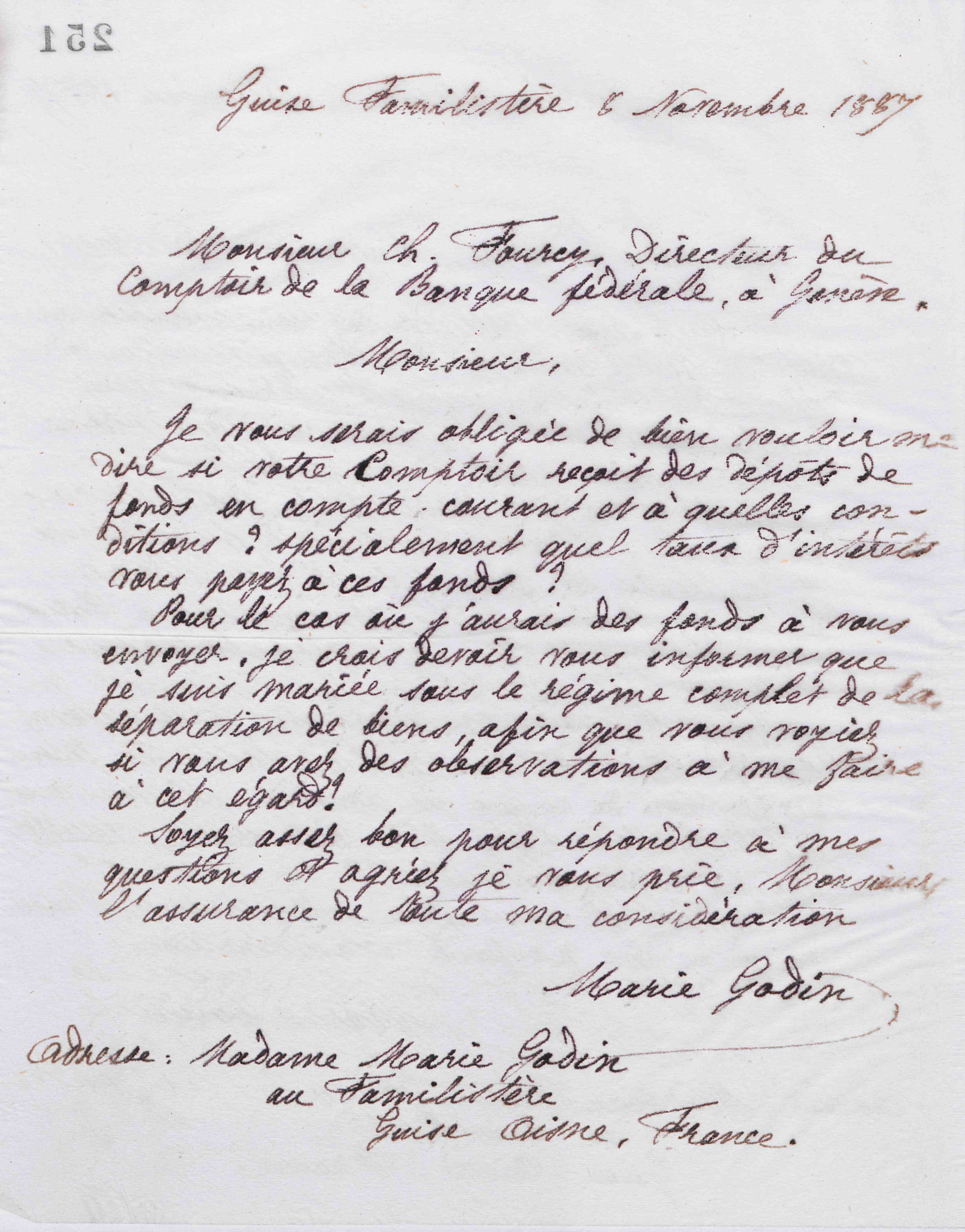 Marie Moret à monsieur Ch. Fourcy, 8 novembre 1887