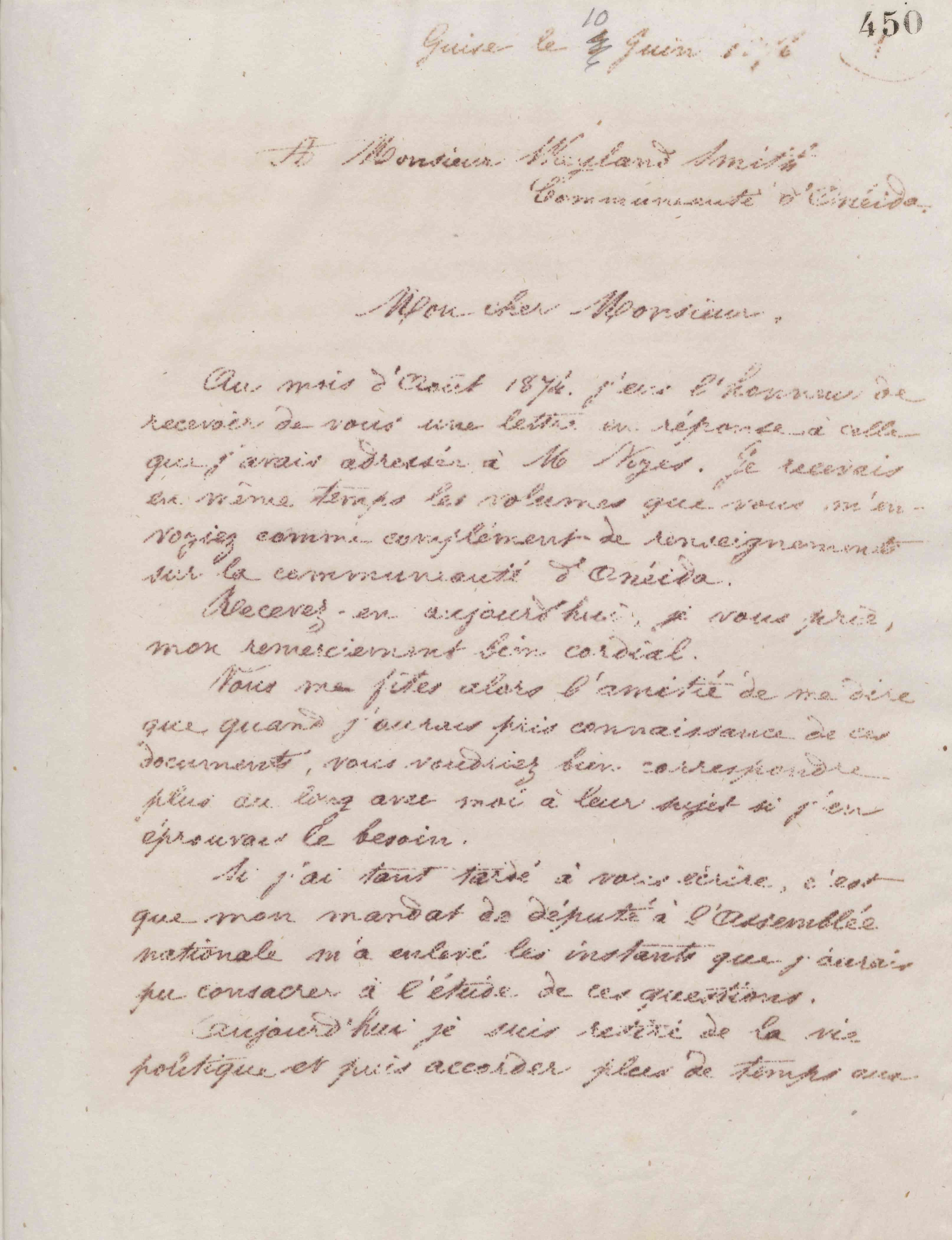 Jean-Baptiste André Godin à Frank Wayland Smith, 10 juin 1876 Jean-Baptiste André Godin à Frank Wayland Smith, 10 juin 1876