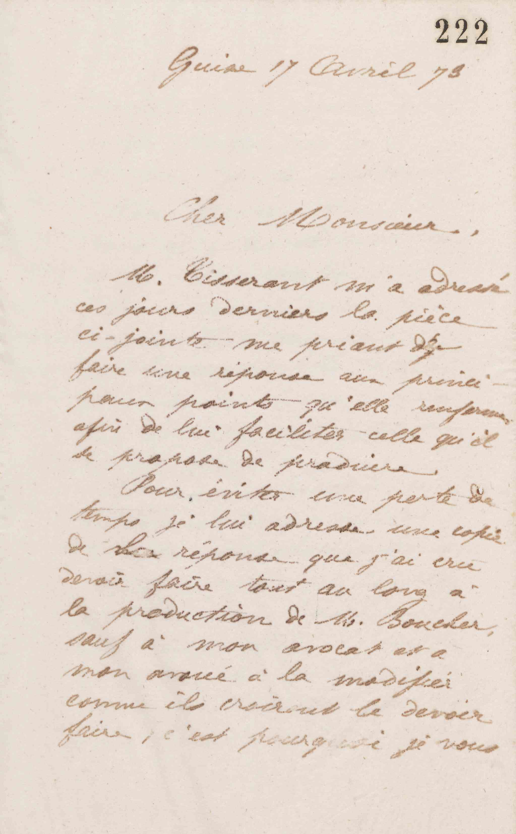 Jean-Baptiste André Godin à Guillaume Ernest Cresson, 17 avril 1873