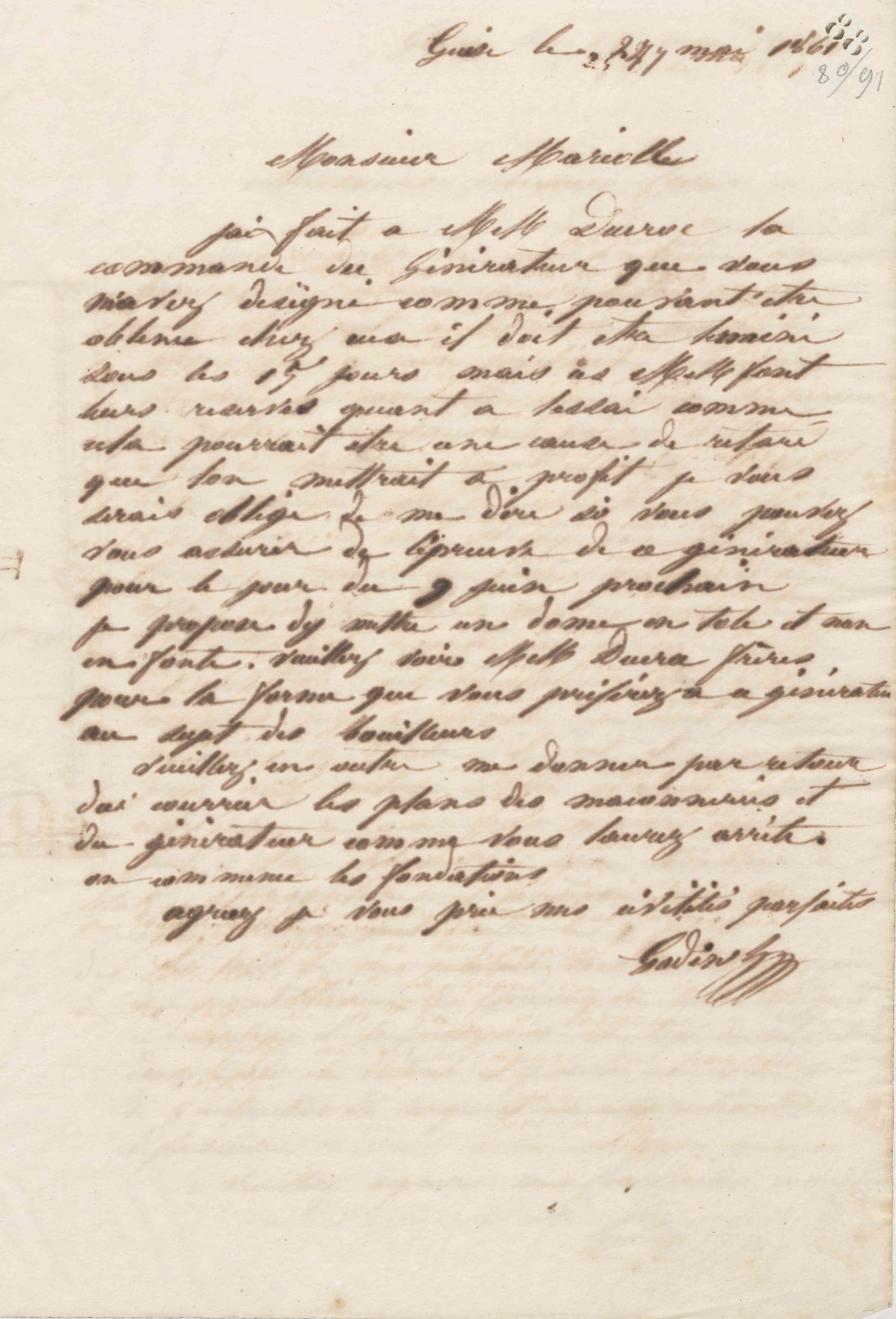 Jean-Baptiste André Godin à monsieur Charles Désiré Mariolle-Pinguet, 25 mai 1861 Jean-Baptiste André Godin à monsieur Charles Désiré Mariolle-Pinguet, 25 mai 1861