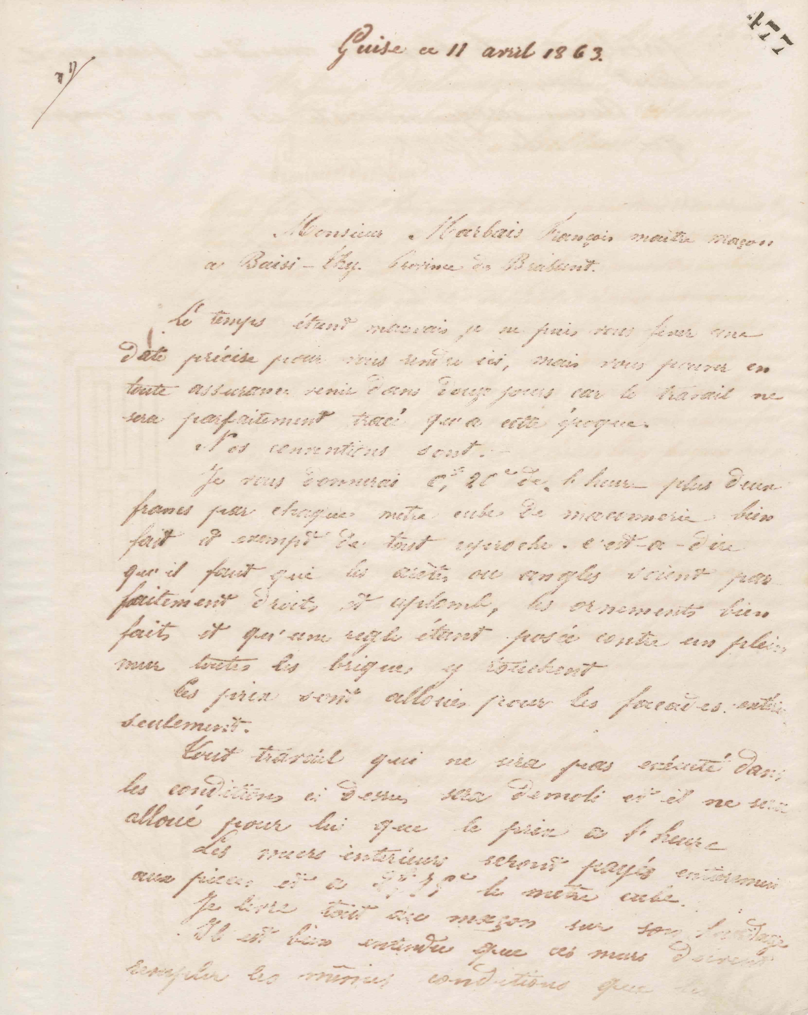 Émile Godin à François Marbais, 11 avril 1863