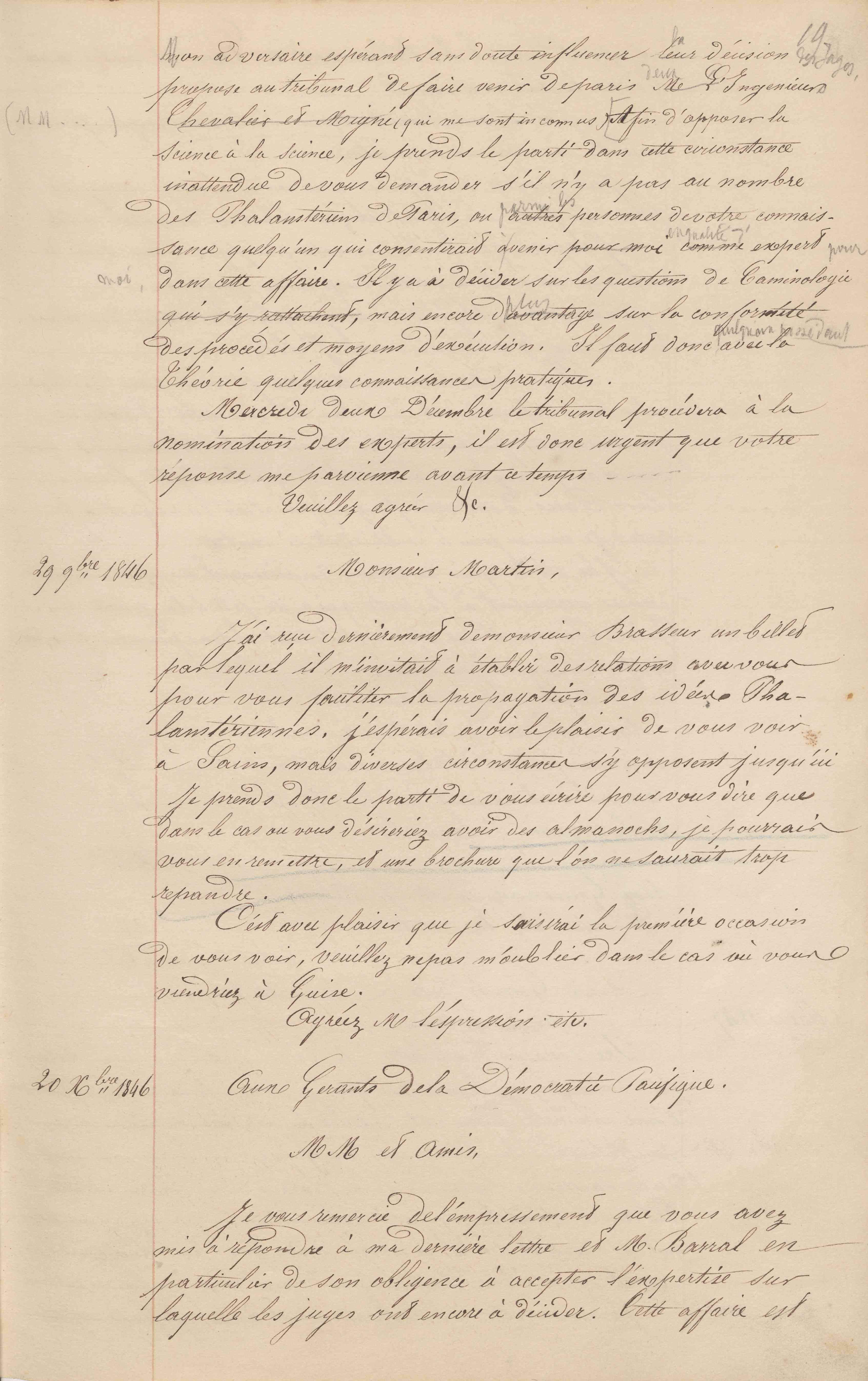 Jean-Baptiste André Godin aux gérants de La Démocratie pacifique, 20 décembre 1846