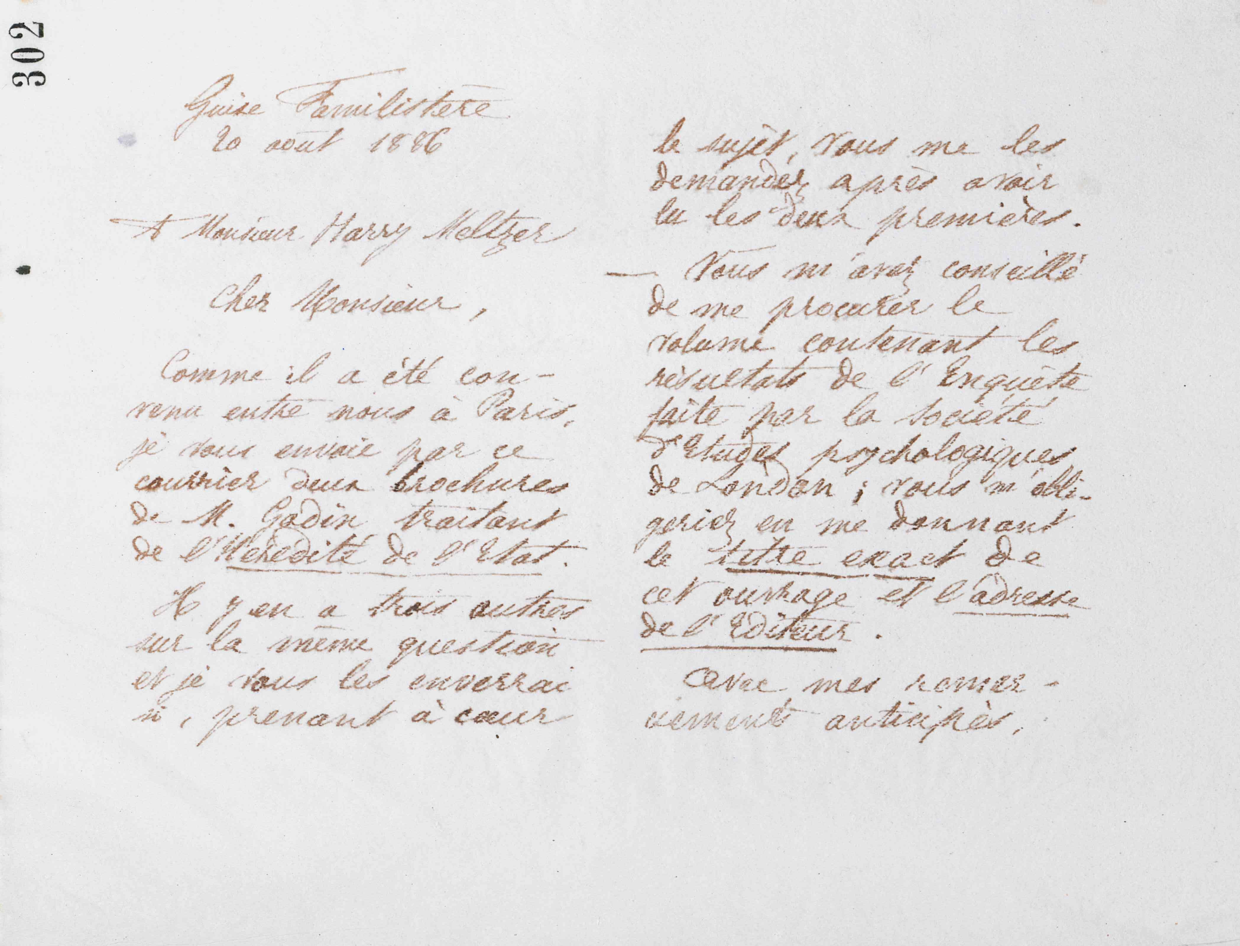 Marie Moret à Harry Meltzer, 20 août 1886