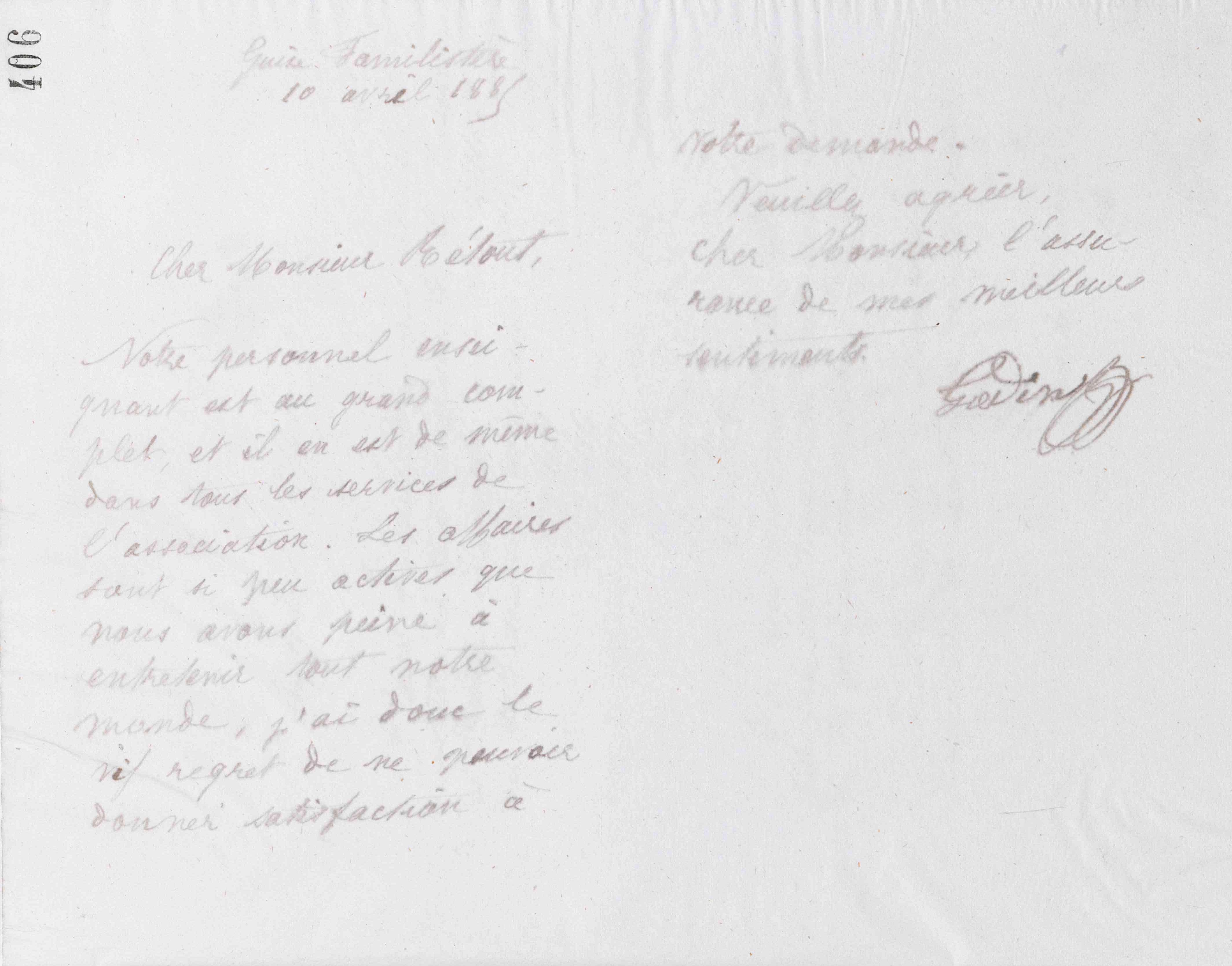 Jean-Baptiste André Godin à Ambroise Rétout, 10 avril 1885 Jean-Baptiste André Godin à Ambroise Rétout, 10 avril 1885