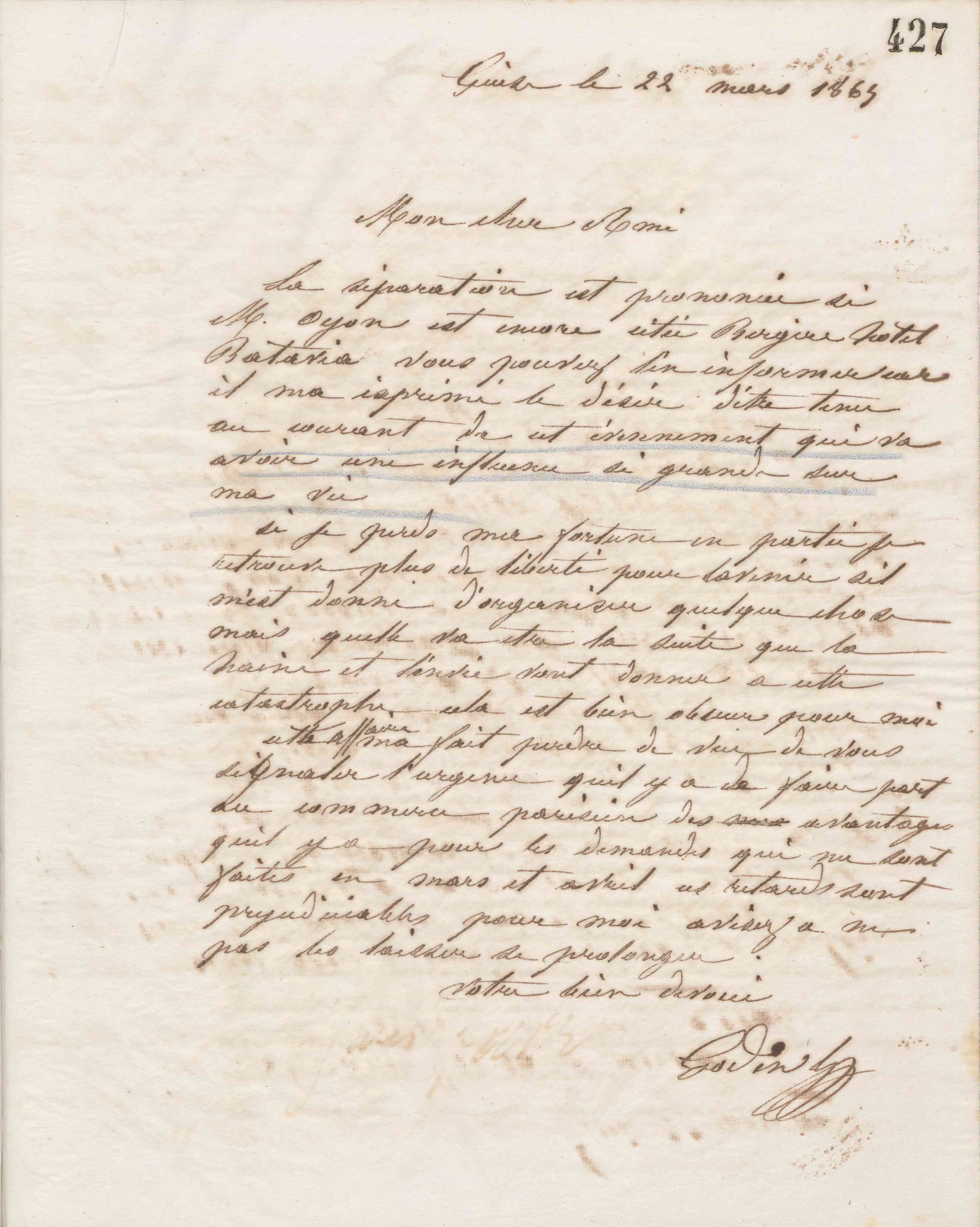 Jean-Baptiste André Godin à François Cantagrel, 22 mars 1865
