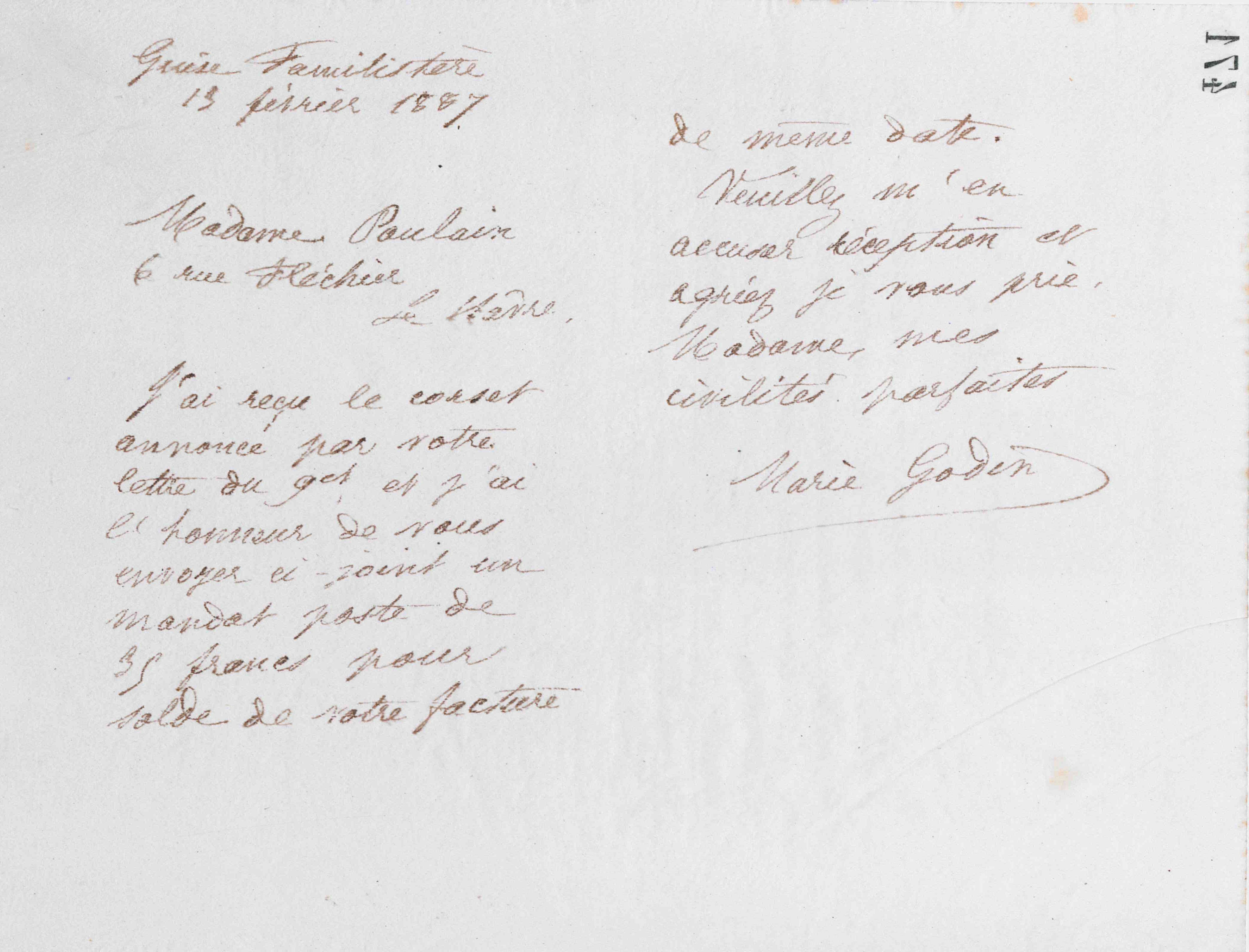 Marie Moret à madame J. Poulain, 13 février 1887