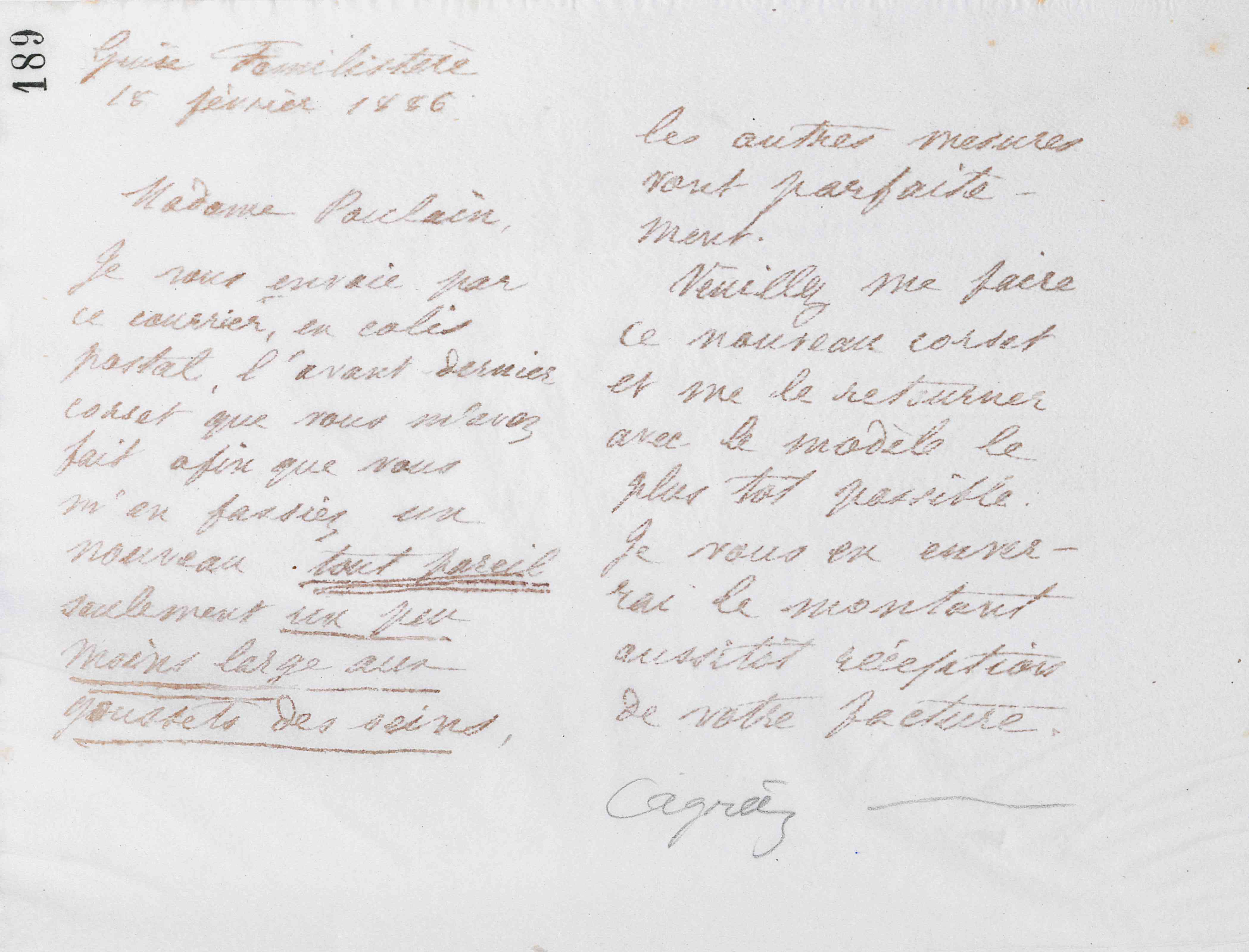 Marie Moret à madame J. Poulain, 18 février 1886