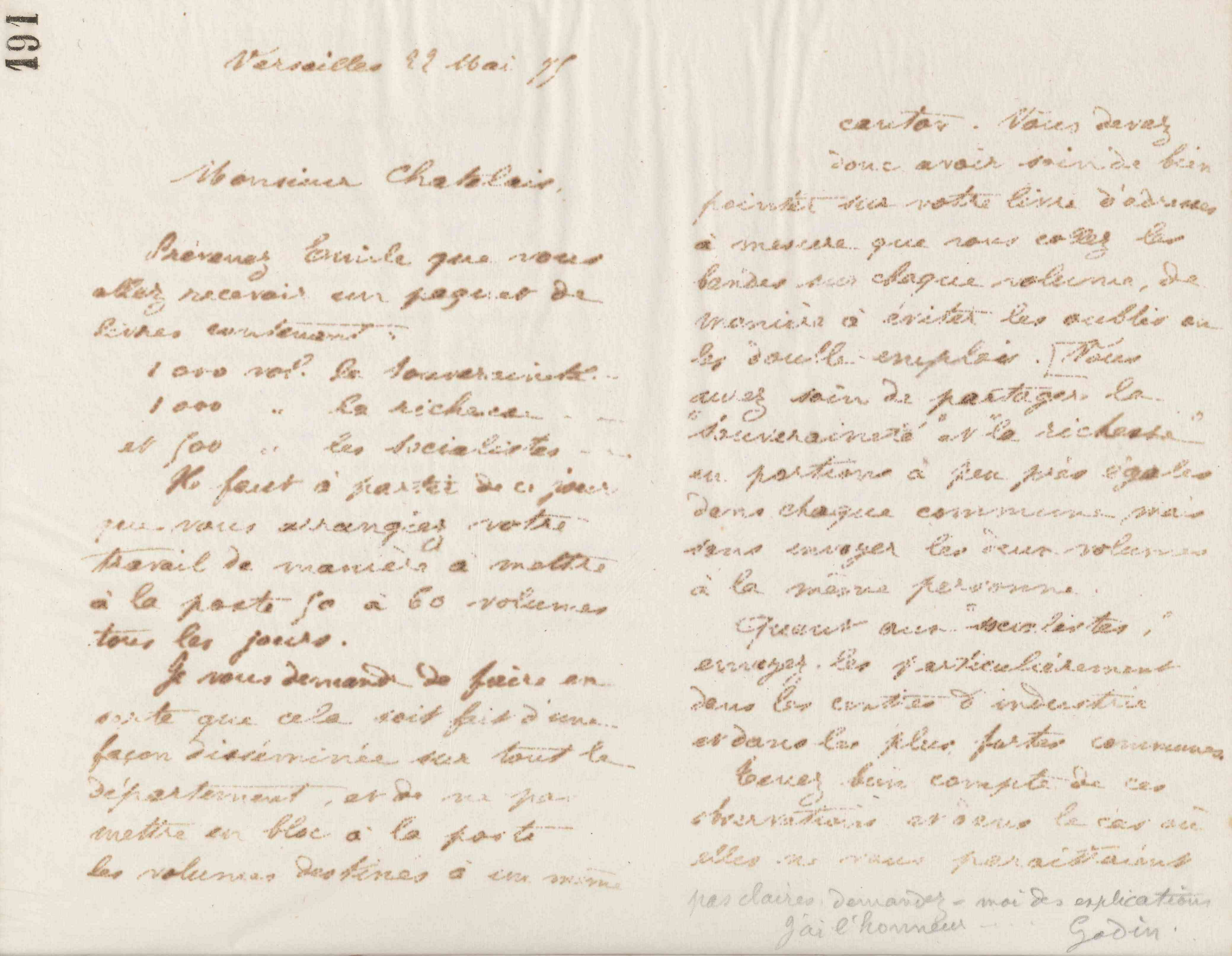 Jean-Baptiste André Godin à monsieur Chatelais, 22 mai 1875 Jean-Baptiste André Godin à monsieur Chatelais, 22 mai 1875