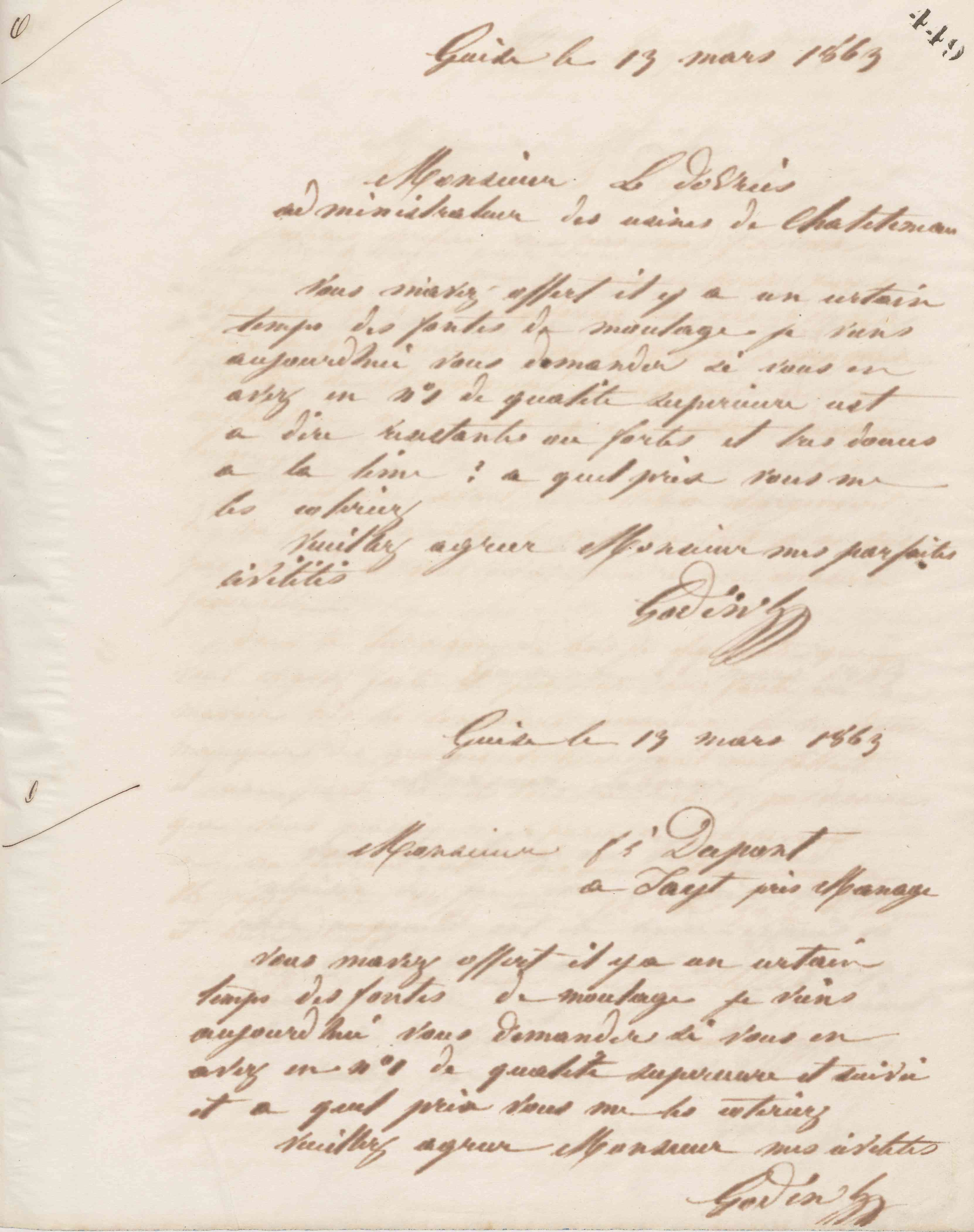 Jean-Baptiste André Godin à monsieur Le Dovries, administrateur de la Société anonyme des hauts-fourneaux, usines et charbonnages de Châtelineau, 13 mars 1863
