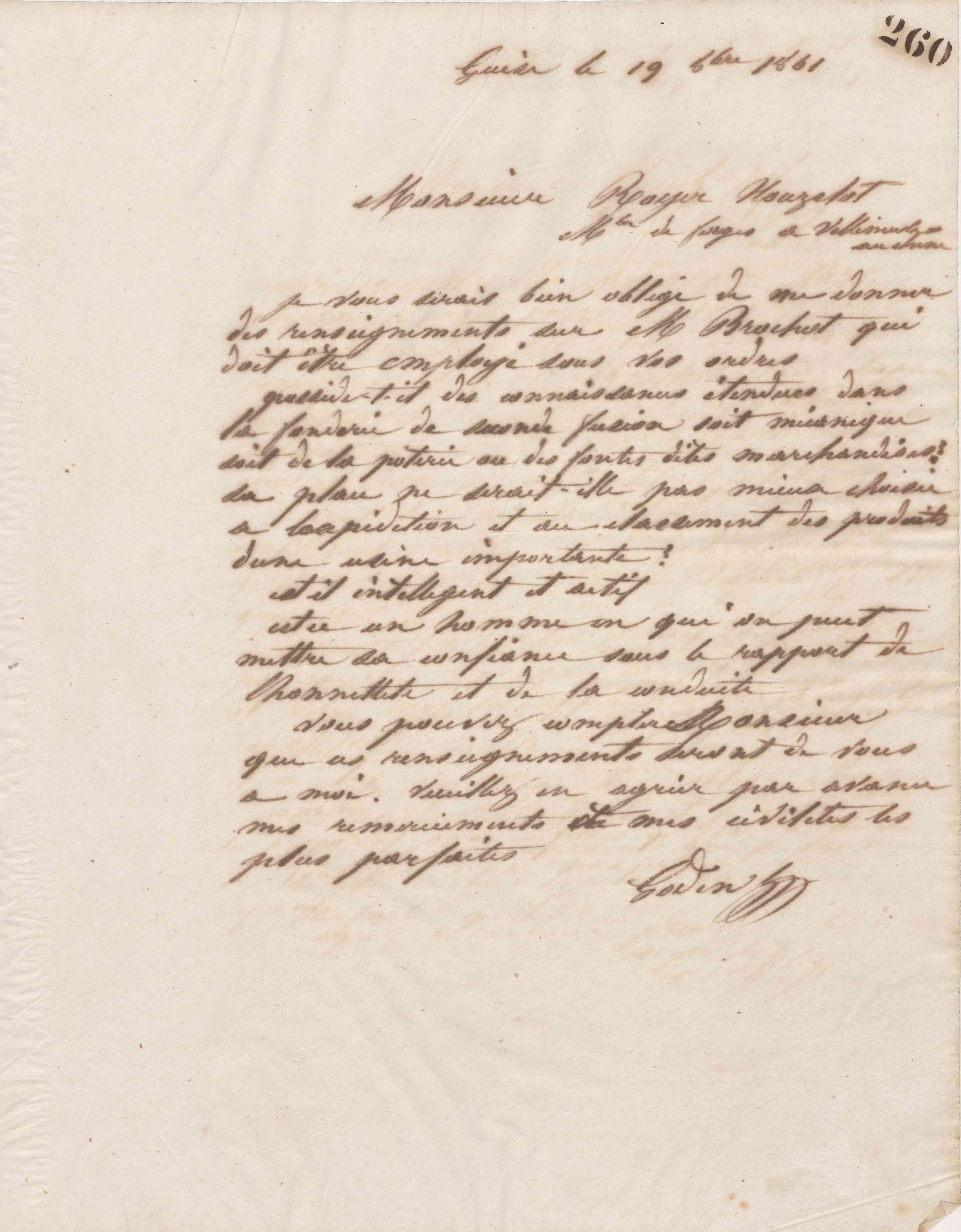 Jean-Baptiste André Godin à monsieur Royer-Houzelot, 19 octobre 1861 Jean-Baptiste André Godin à monsieur Royer-Houzelot, 19 octobre 1861