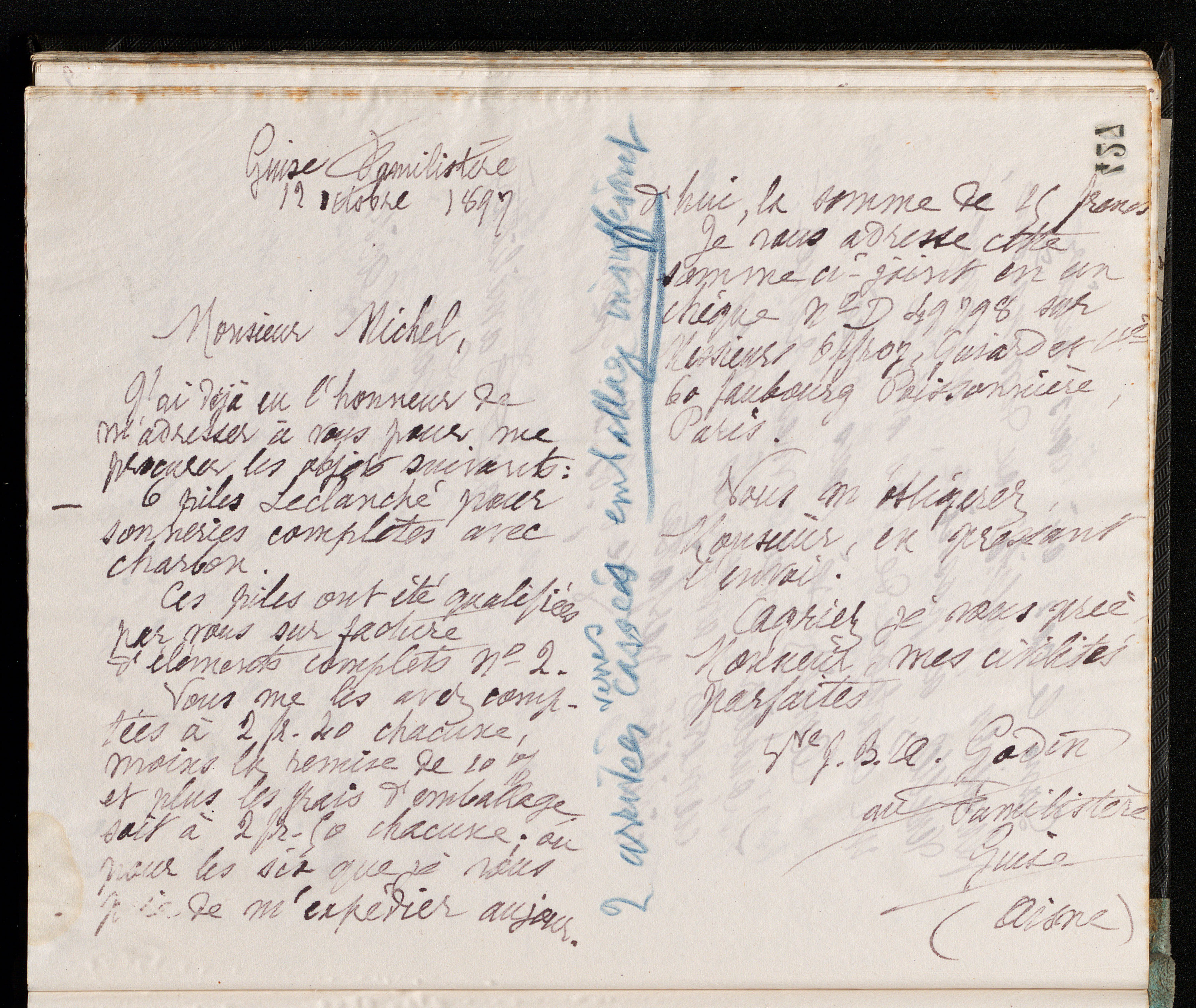Marie Moret à monsieur Michel, 12 octobre 1897
