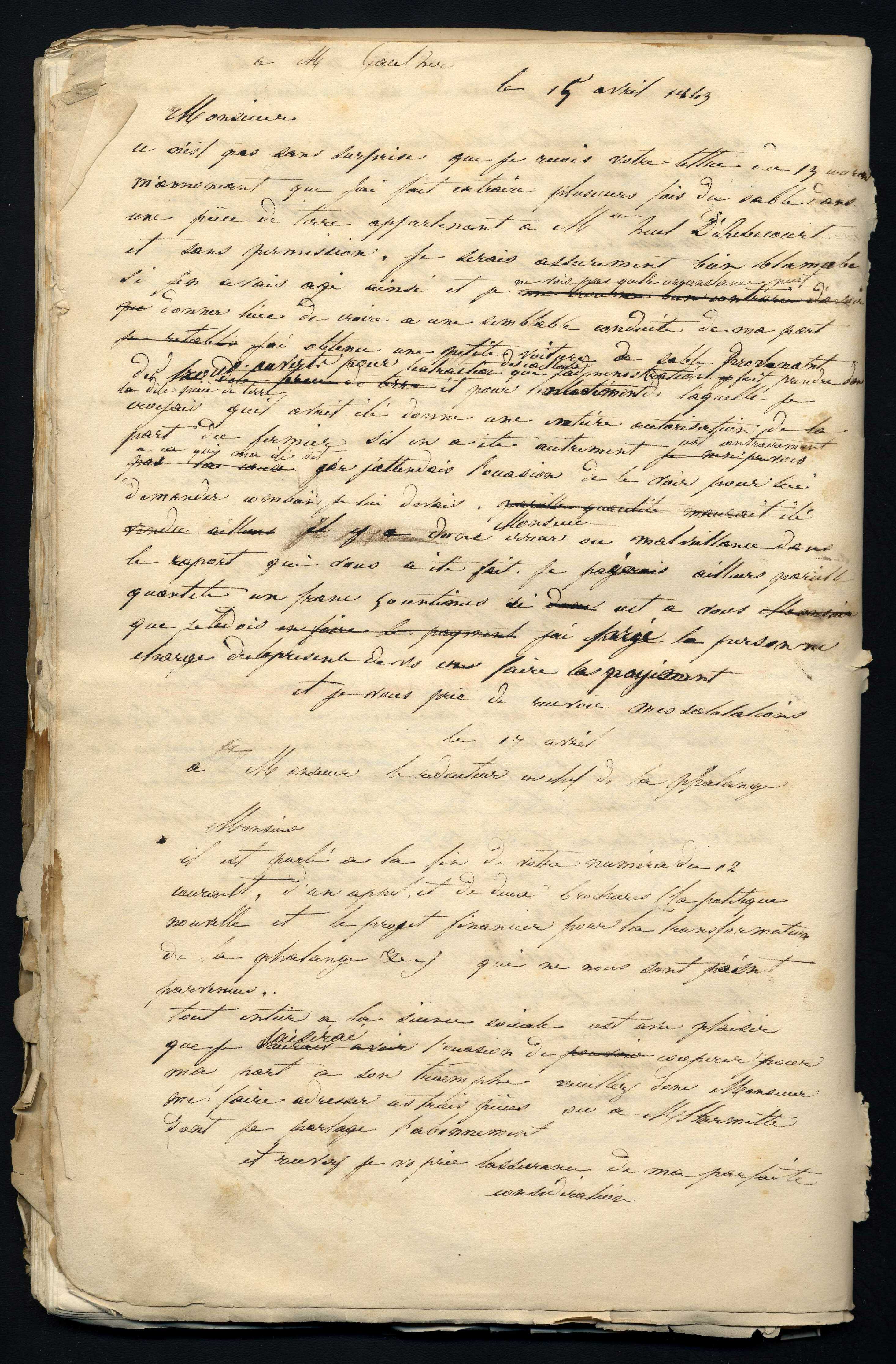 Jean-Baptiste André Godin à monsieur Gaulhier, 15 avril 1843 Jean-Baptiste André Godin à monsieur Gaulhier, 15 avril 1843