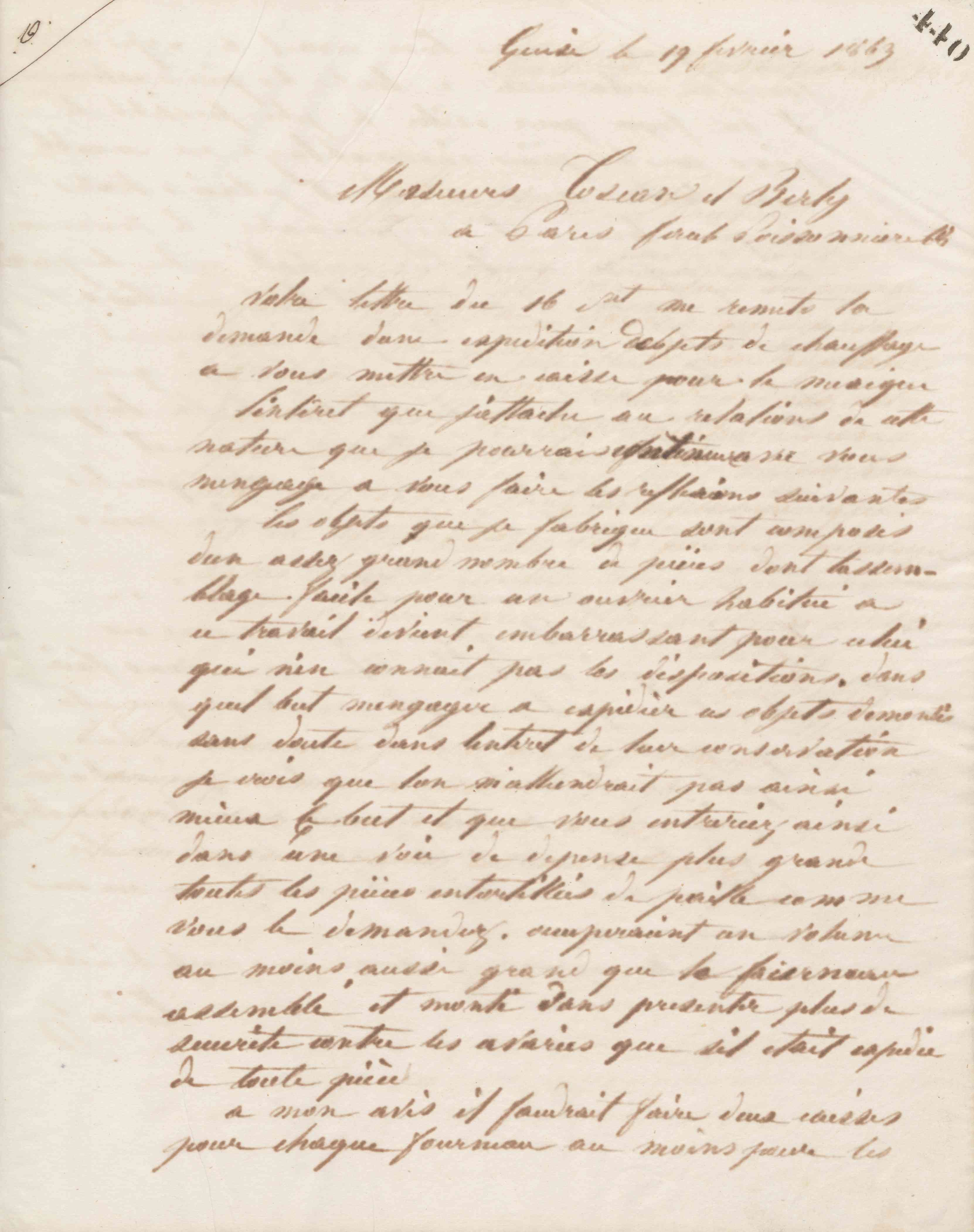Jean-Baptiste André Godin à messieurs F. Toscan et Berly, 19 février 1863