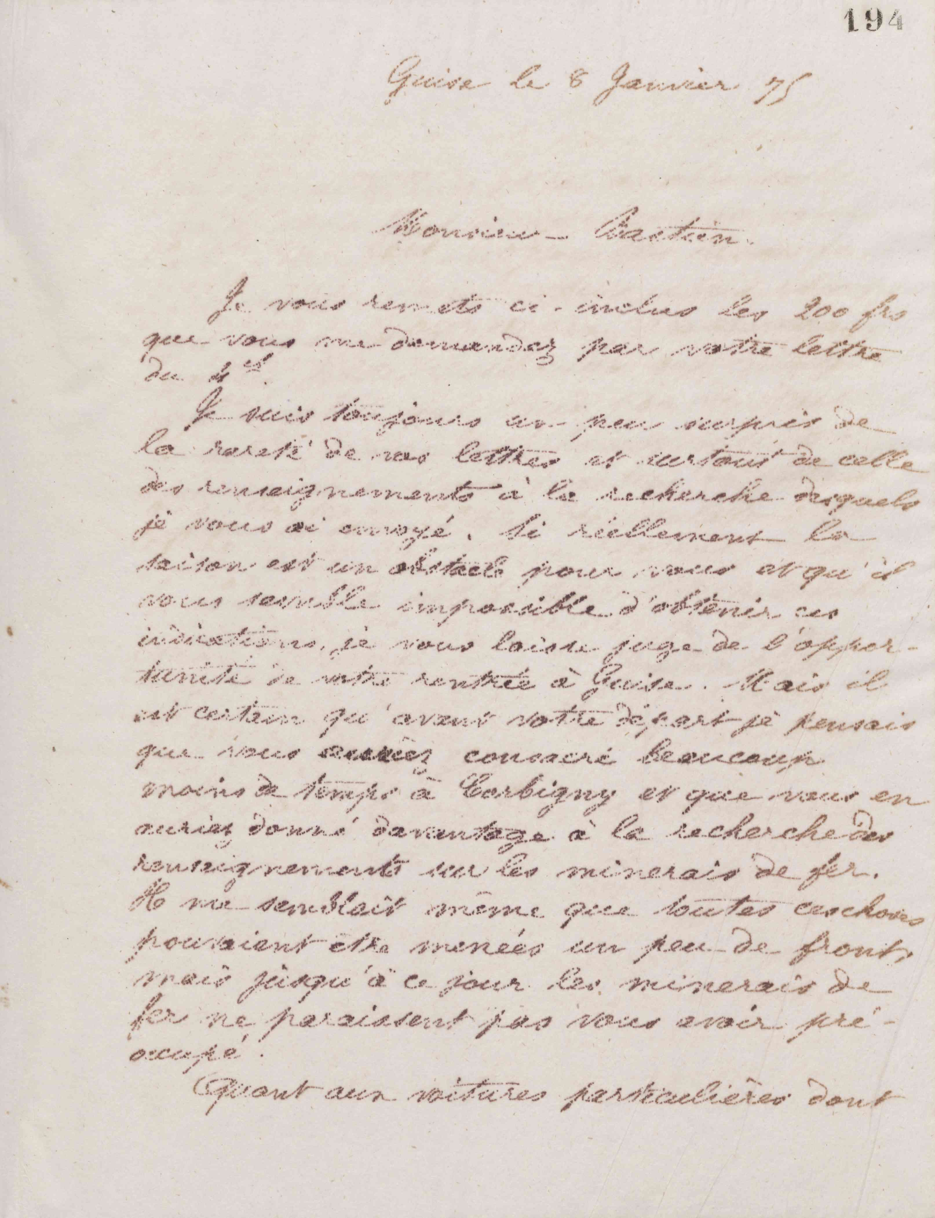 Jean-Baptiste André Godin à monsieur Bastien, 8 janvier 1876