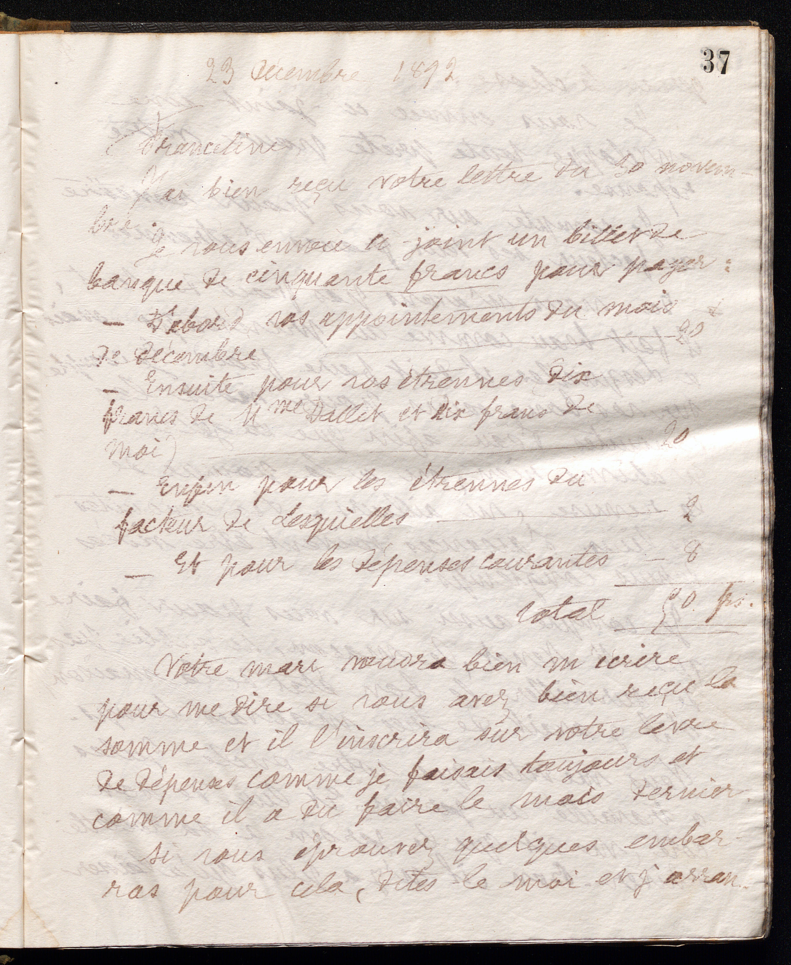 Marie Moret à Franceline Alavoine, 23 décembre 1892