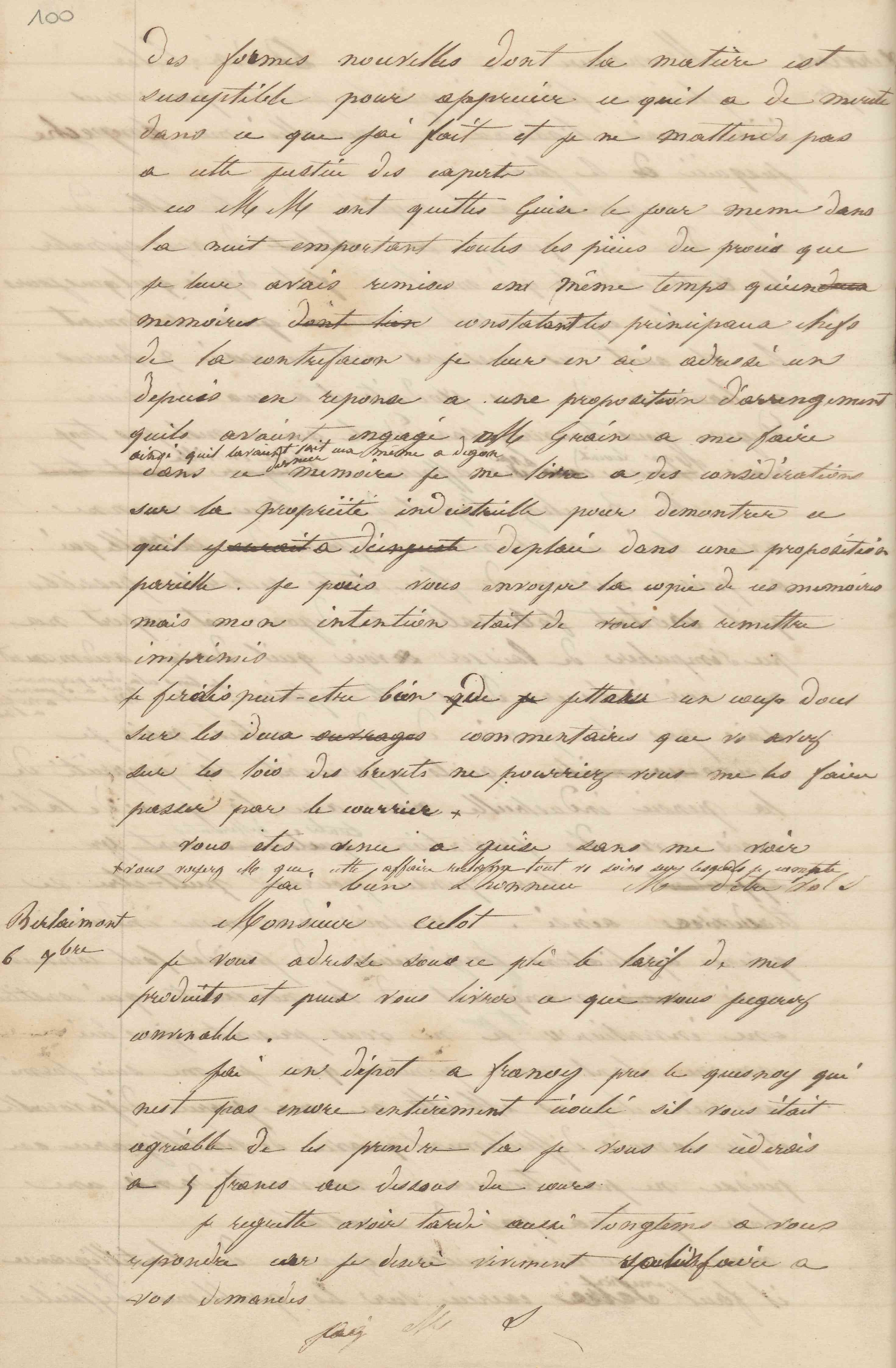Jean-Baptiste André Godin à monsieur Culot, 6 septembre 1847