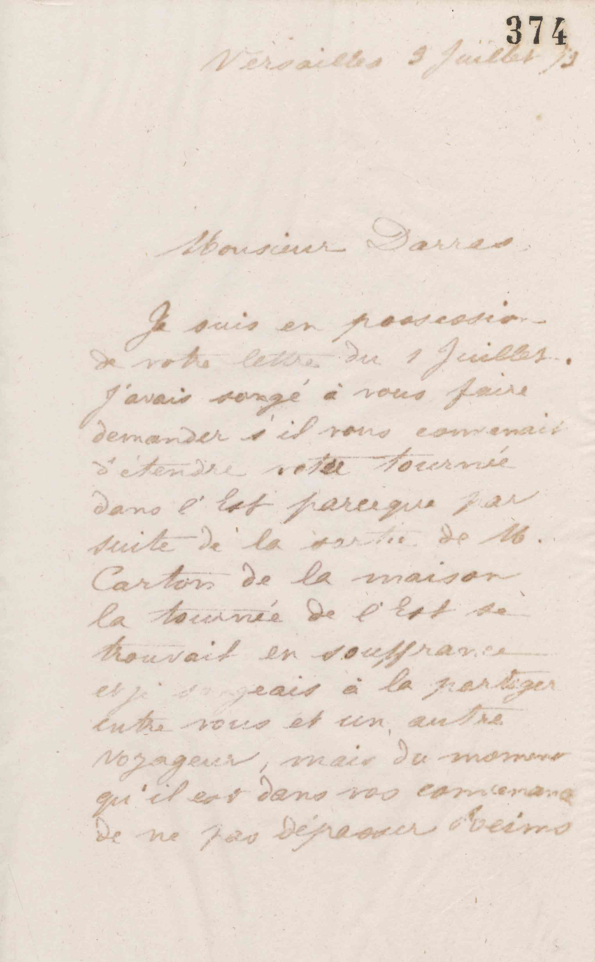 Jean-Baptiste André Godin à monsieur Darras, 3 juillet 1873