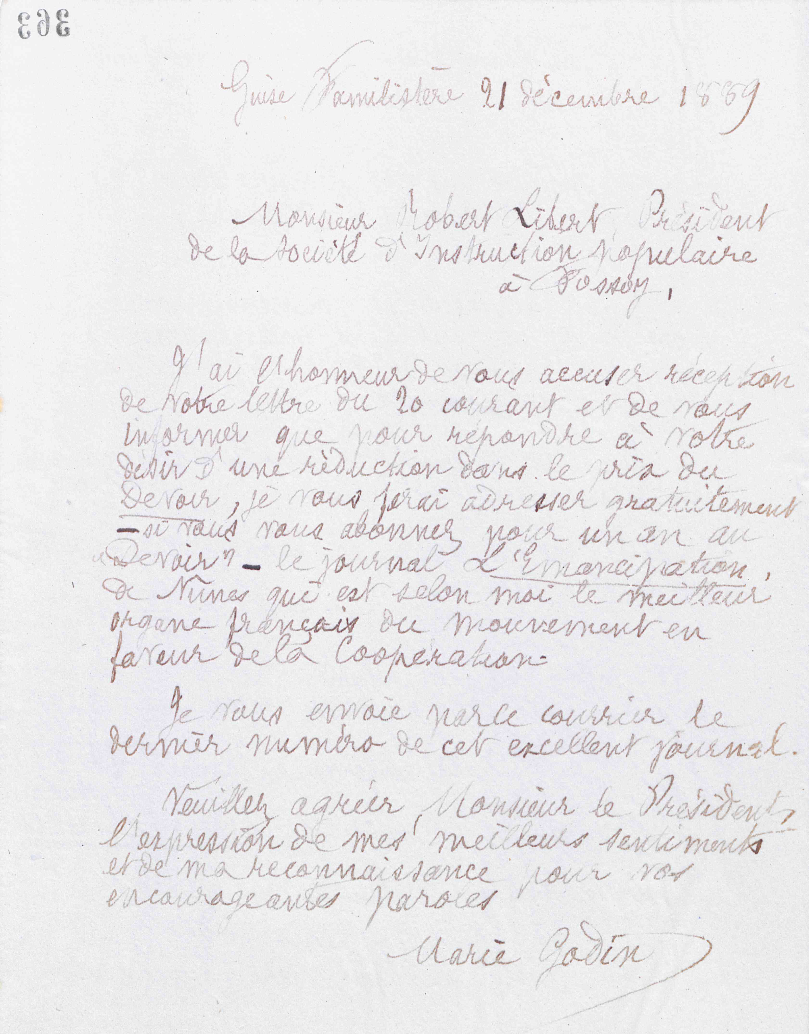 Marie Moret à Victor Robert-Libert, 21 décembre 1889