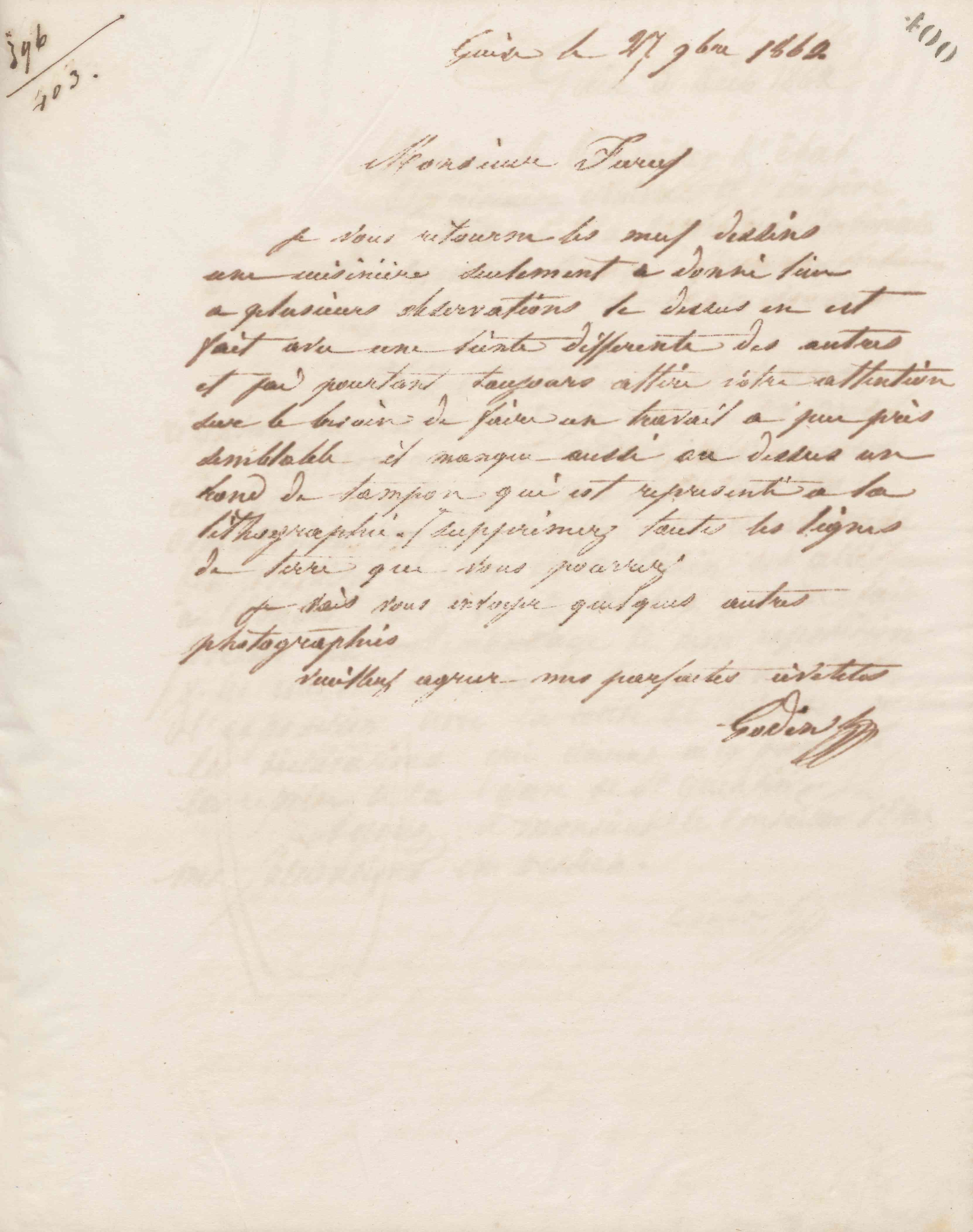 Jean-Baptiste André Godin à monsieur C. H. Furcy, 27 novembre 1862