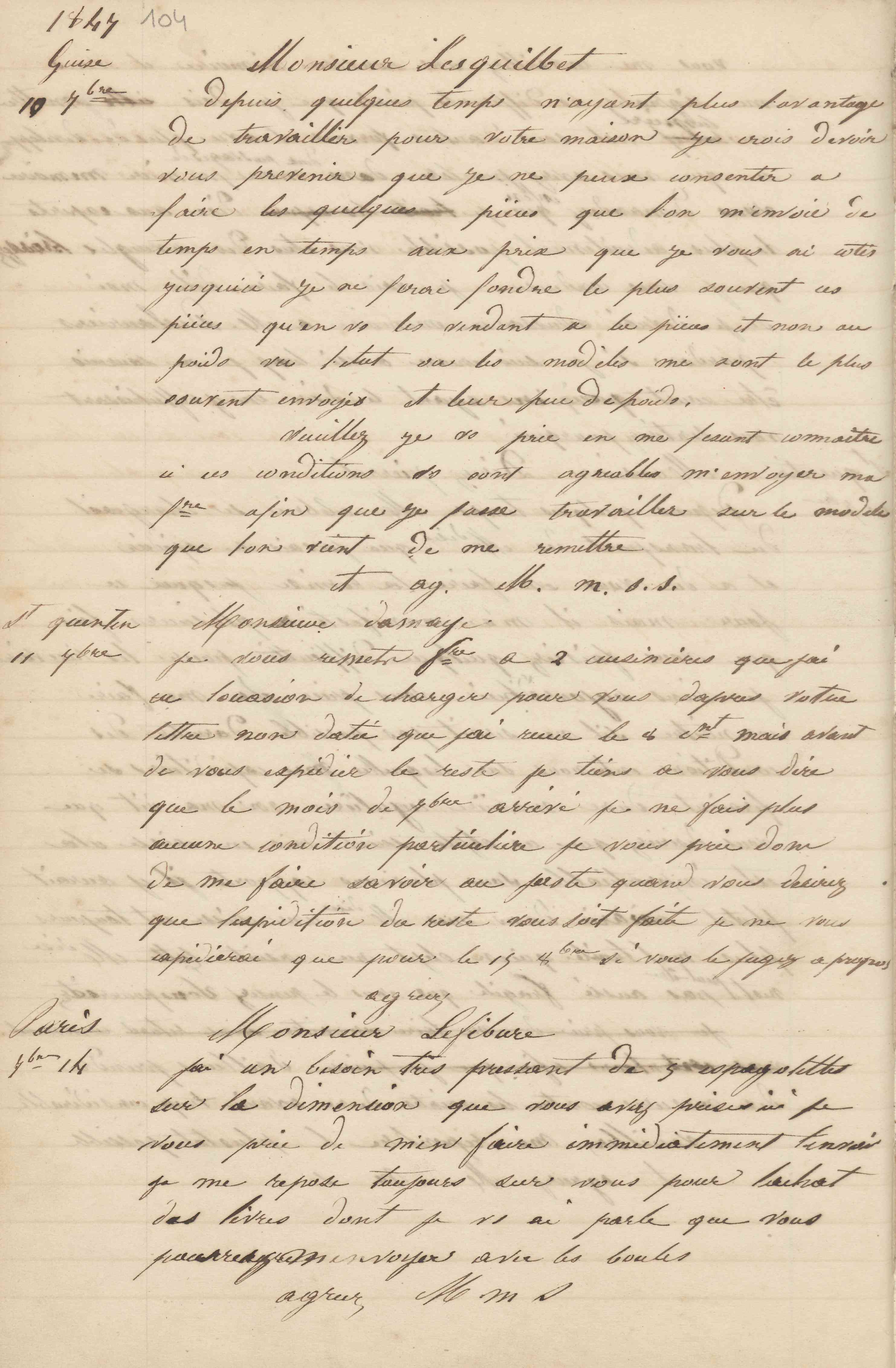 Jean-Baptiste André Godin à monsieur Damaye, 11 septembre 1847 Jean-Baptiste André Godin à monsieur Damaye, 11 septembre 1847