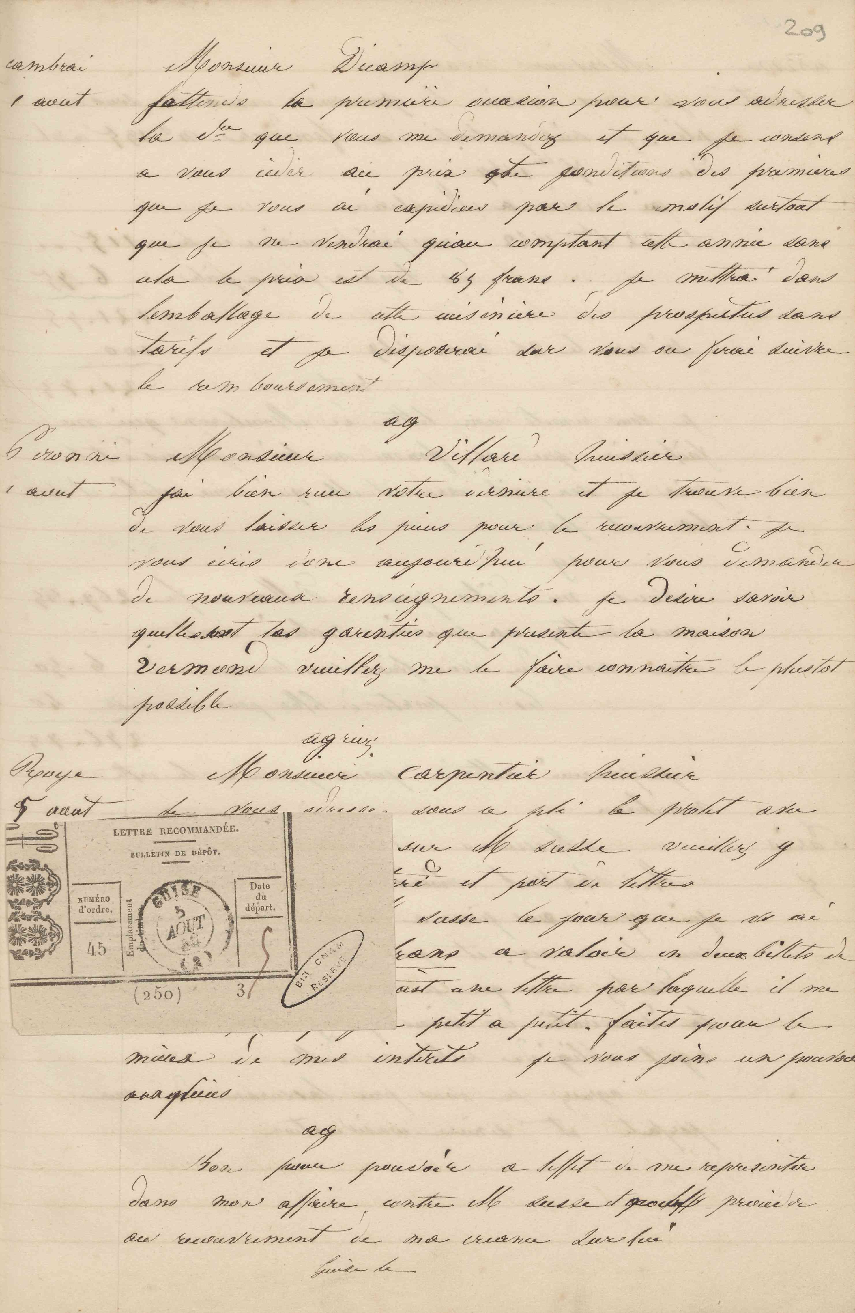 Jean-Baptiste André Godin à monsieur Décamp, 1er août 1848