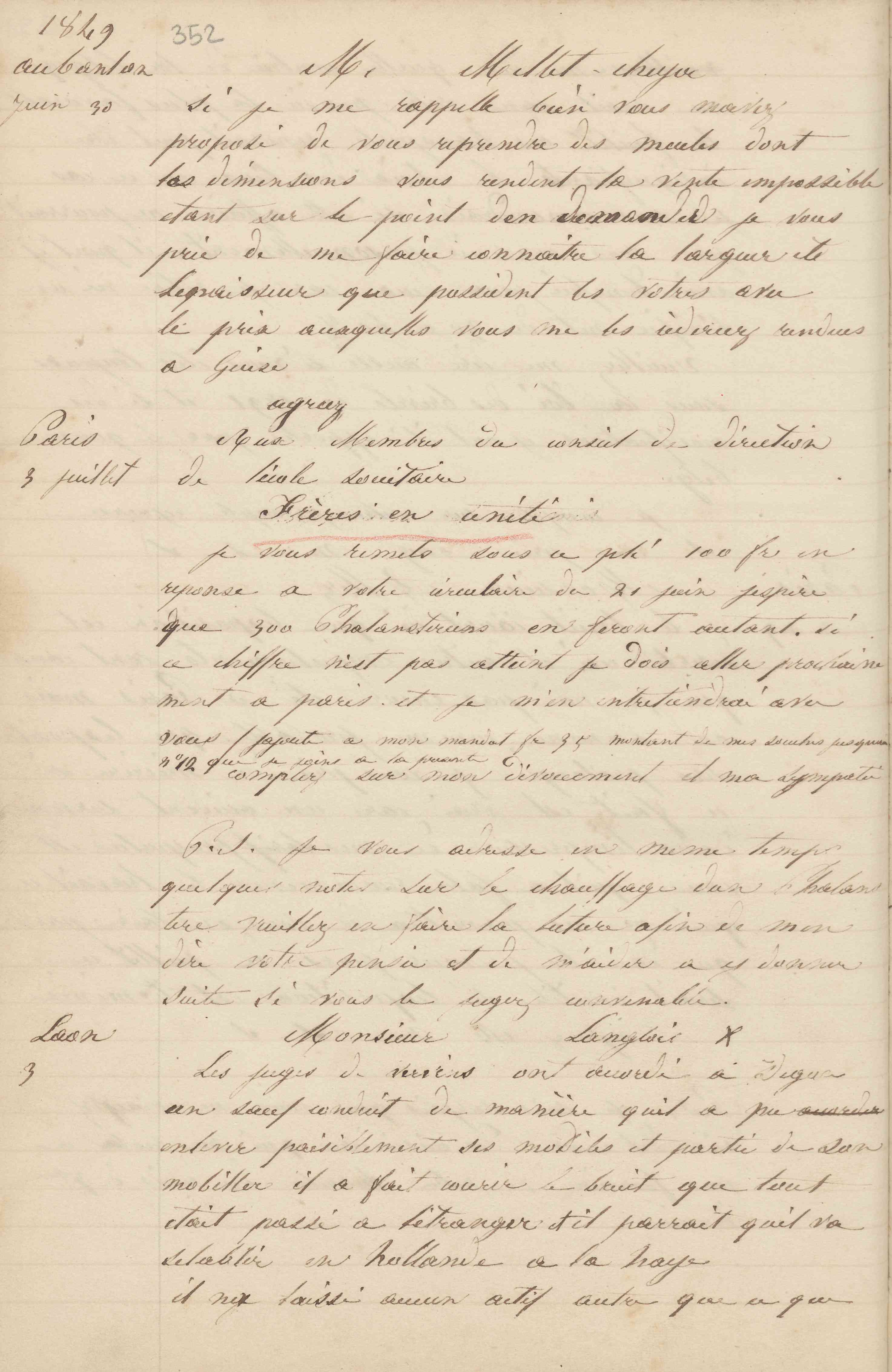 Jean-Baptiste André Godin aux membres du conseil de direction de l'École sociétaire, 3 juillet 1849