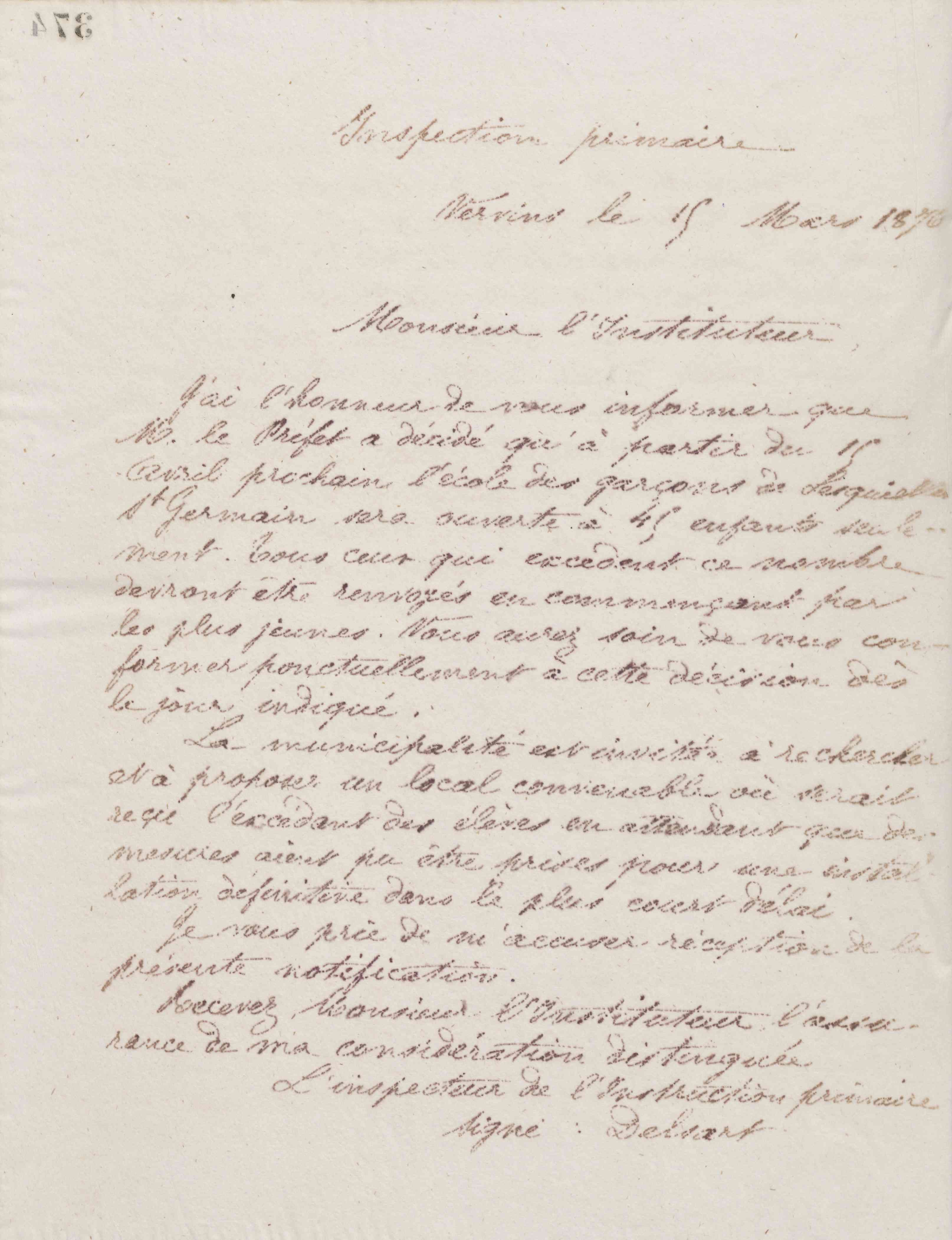 Jean-Baptiste André Godin au ministre de l'Instruction publique, 15 avril 1876