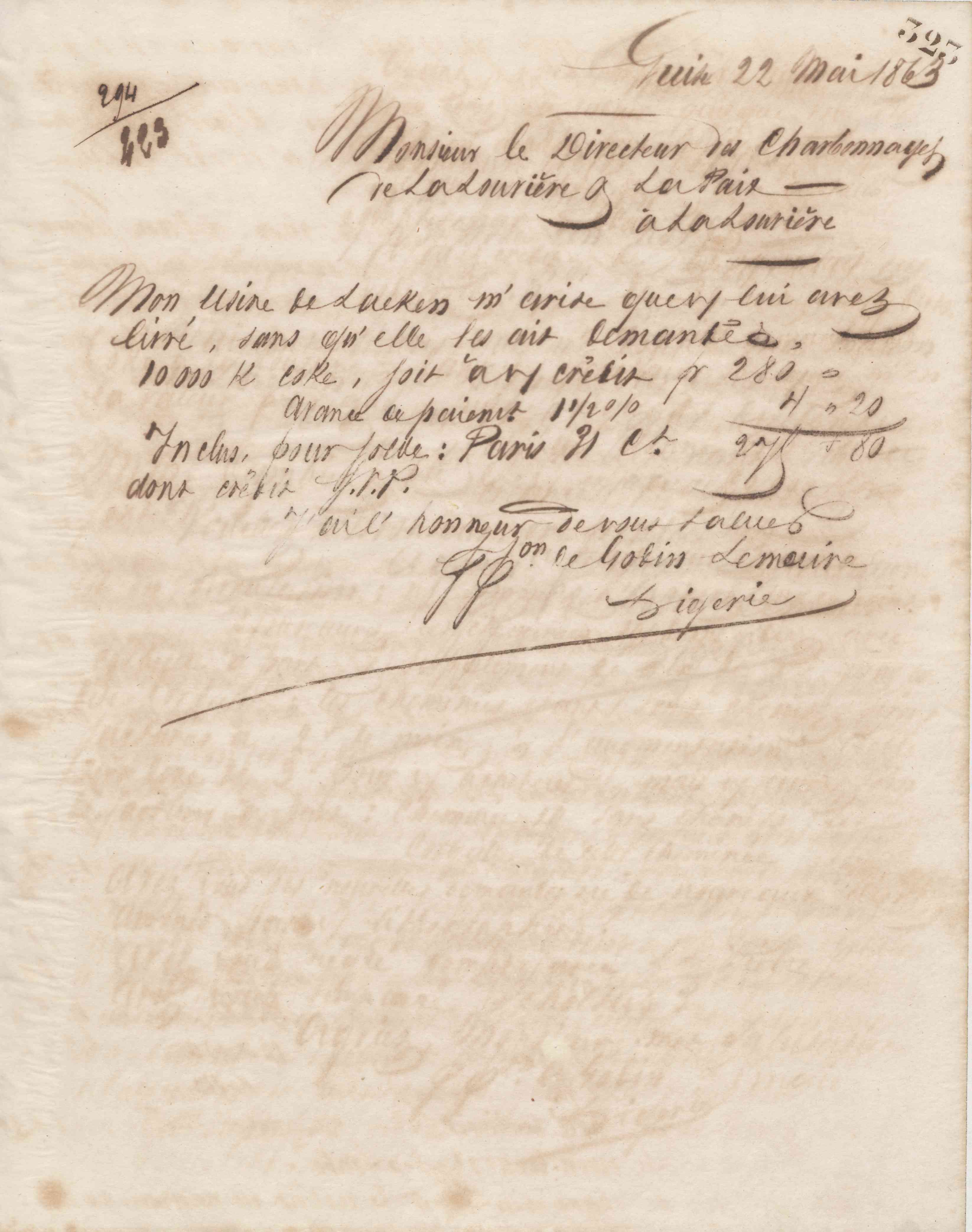 Jean-Baptiste André Godin au directeur des charbonnages de la Louvière et la Paix, 22 mai 1863