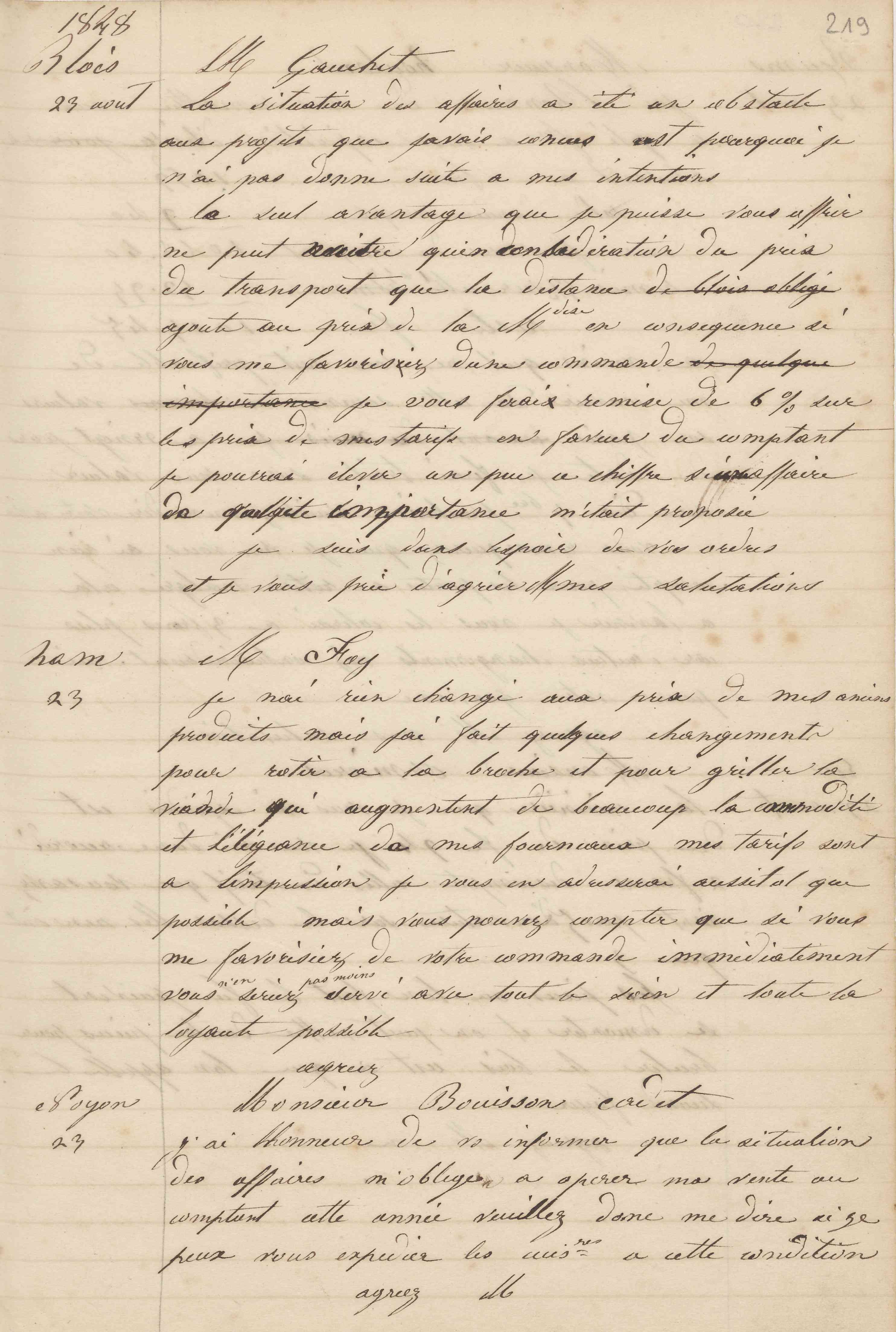 Jean-Baptiste André Godin à monsieur Foy, 23 août 1848