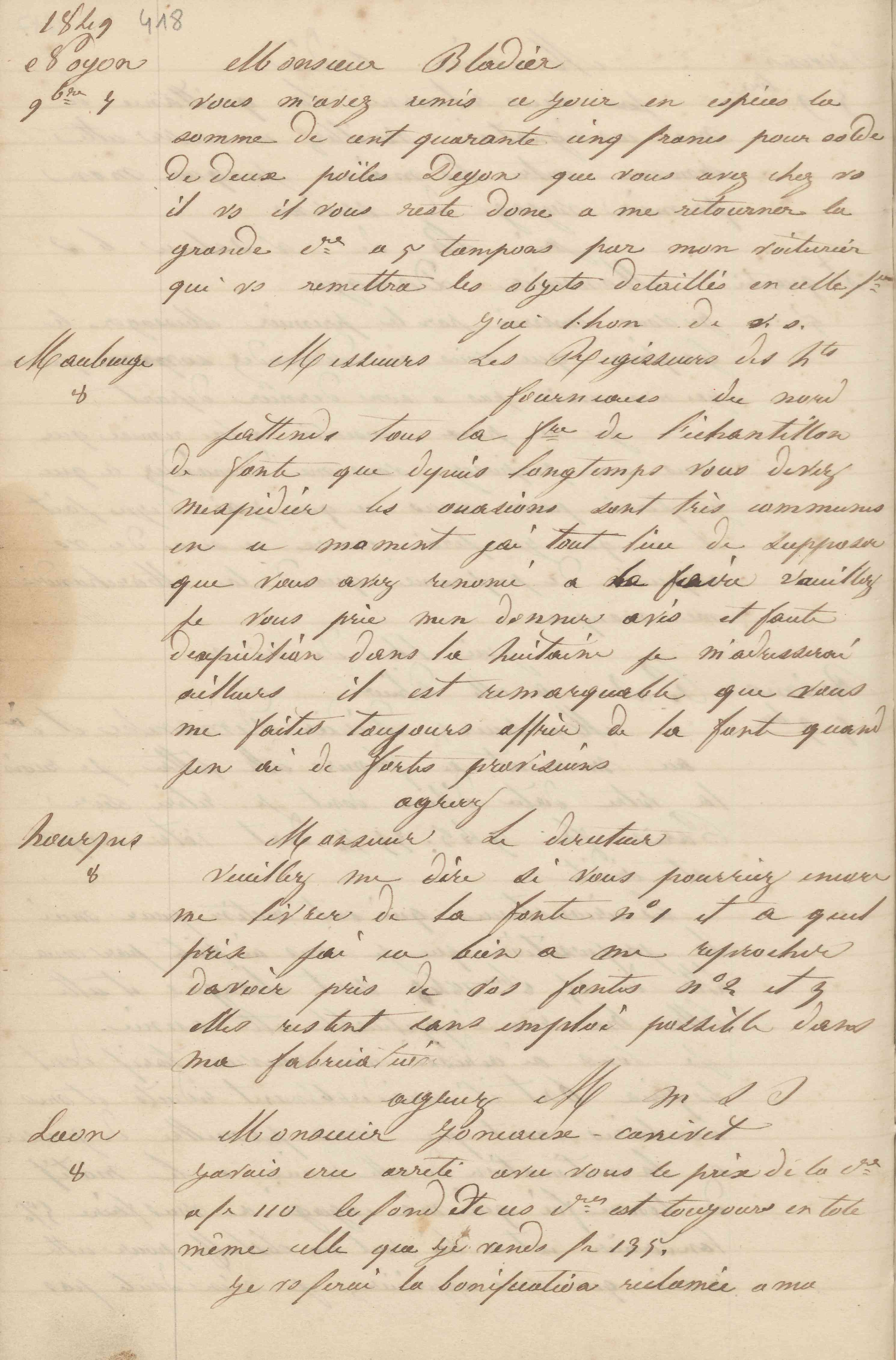 Jean-Baptiste André Godin à la Compagnie des hauts-fourneaux de Hourpes-sur-Sambre, 8 [novembre 1849]