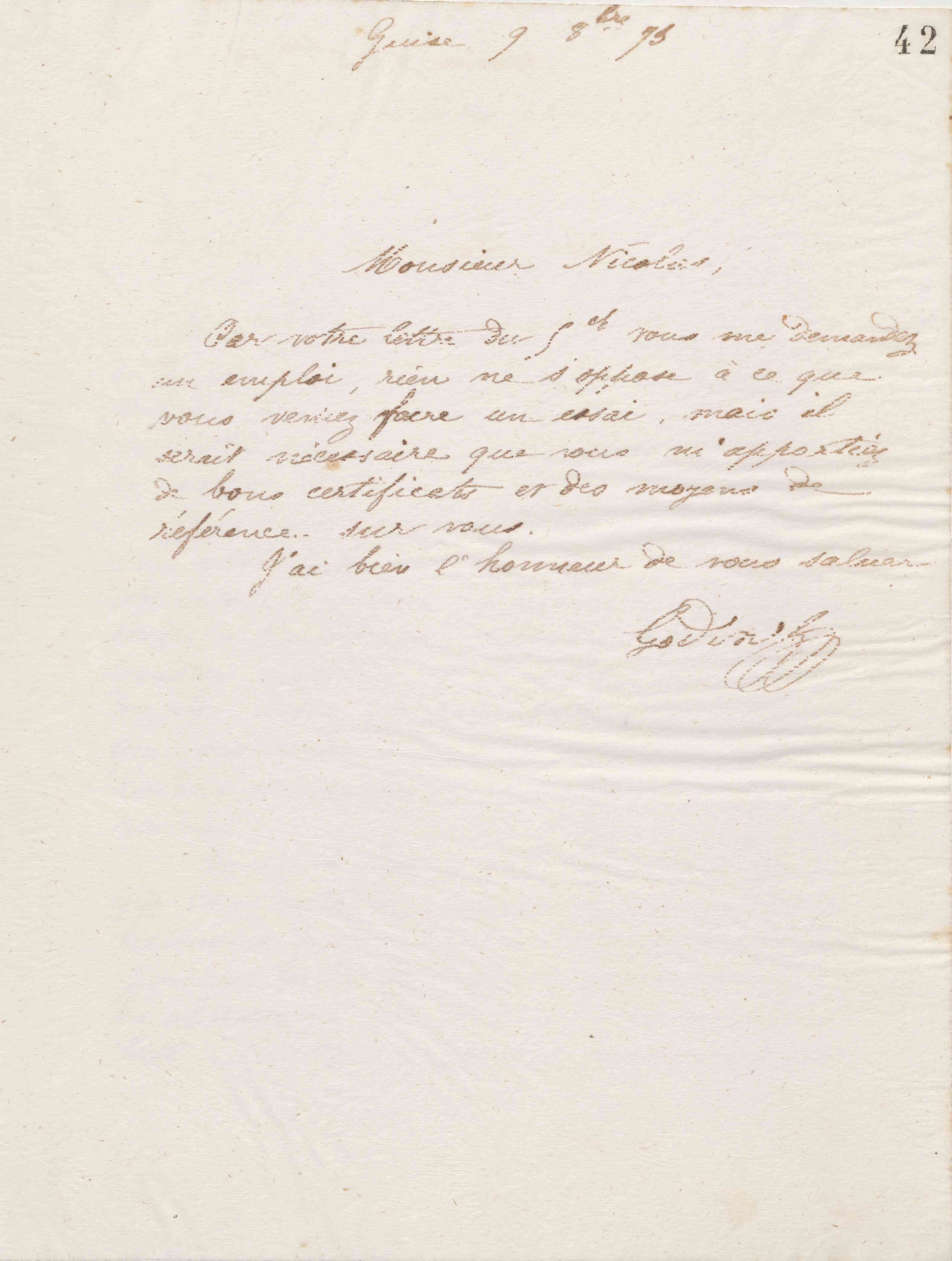 Jean-Baptiste André Godin à monsieur Nicolas, 9 octobre 1873
