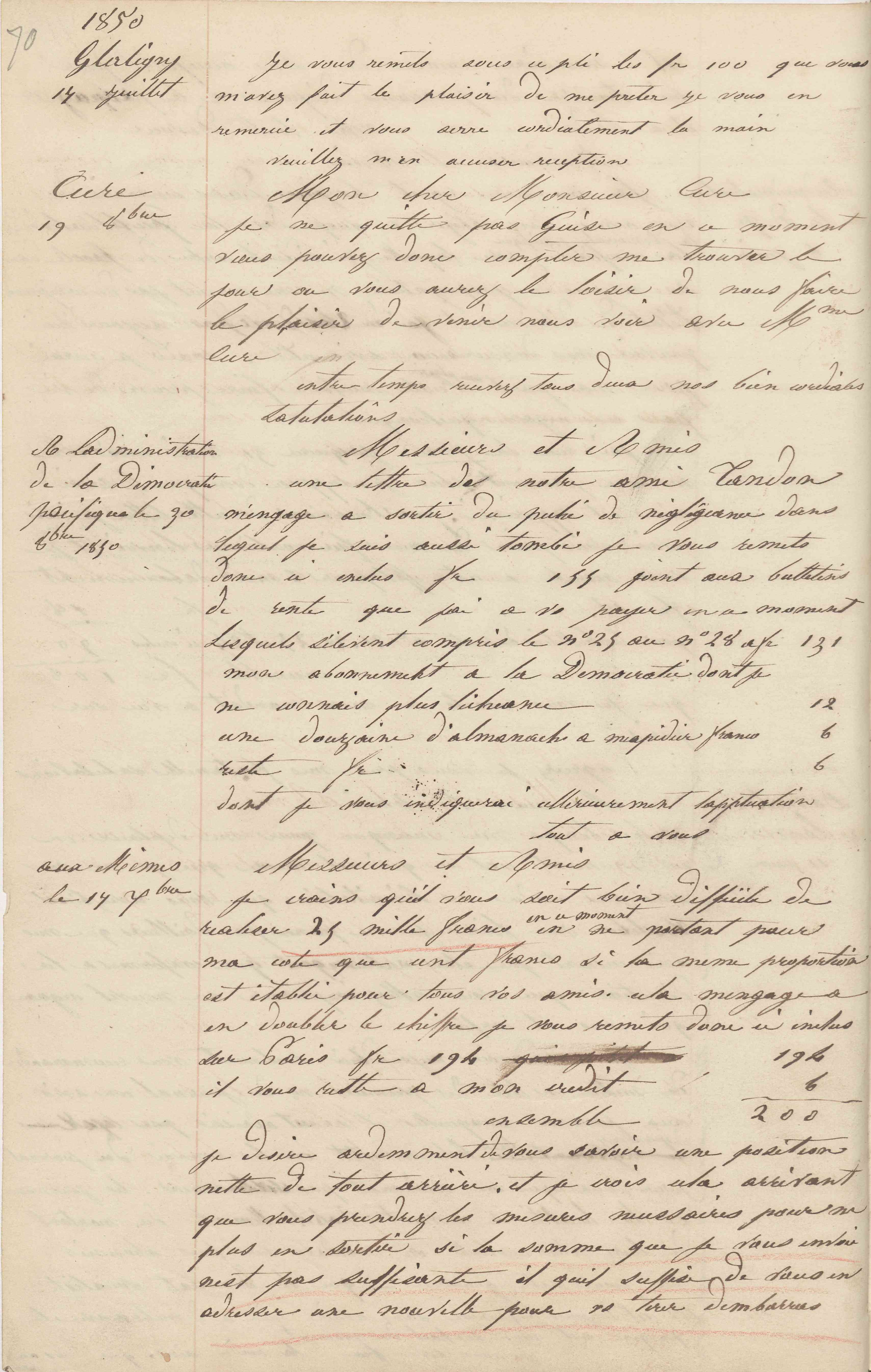 Jean-Baptiste André Godin aux administrateurs de La Démocratie pacifique, 30 octobre 1850