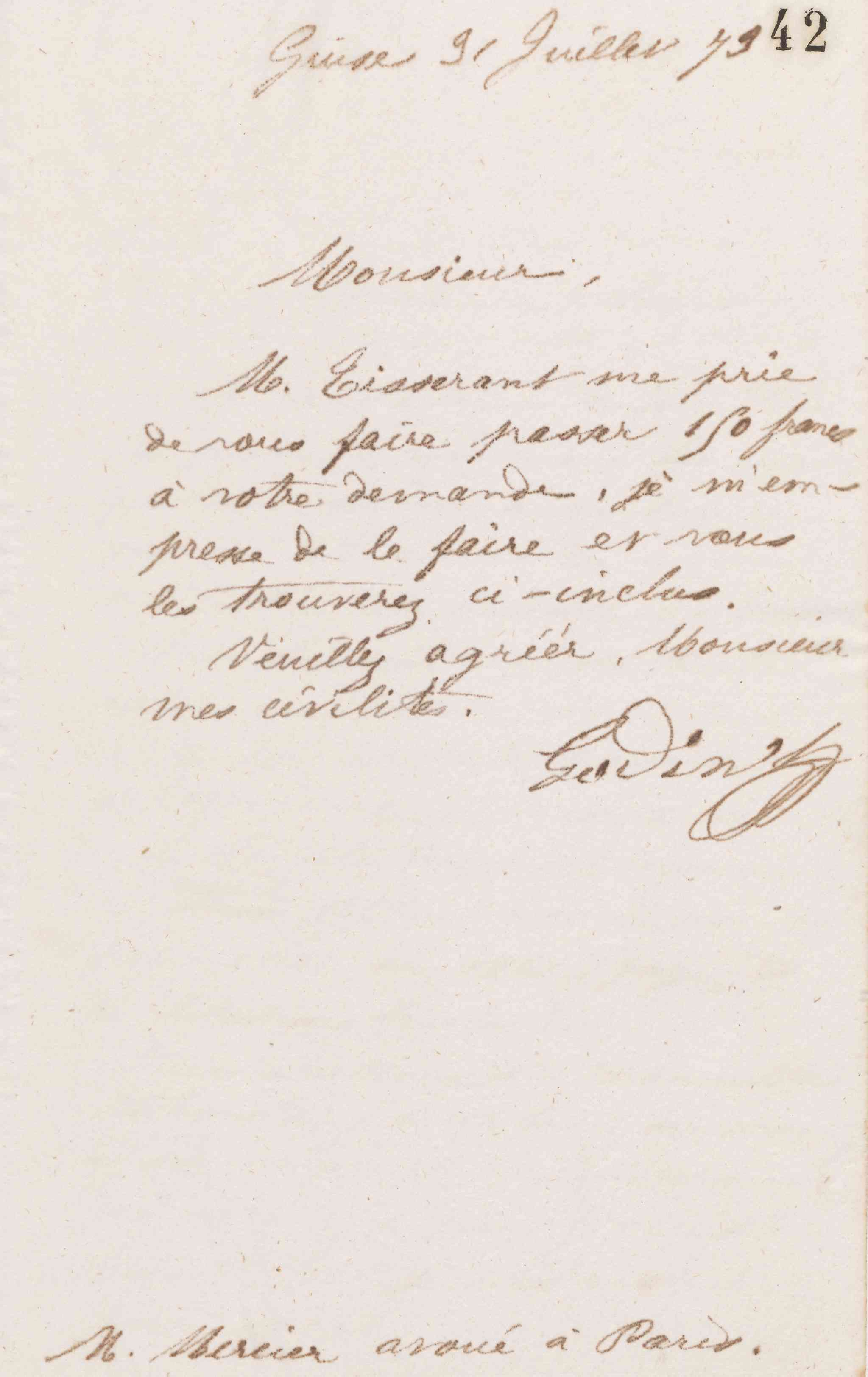 Jean-Baptiste André Godin à Paul Mercier, 31 juillet 1873