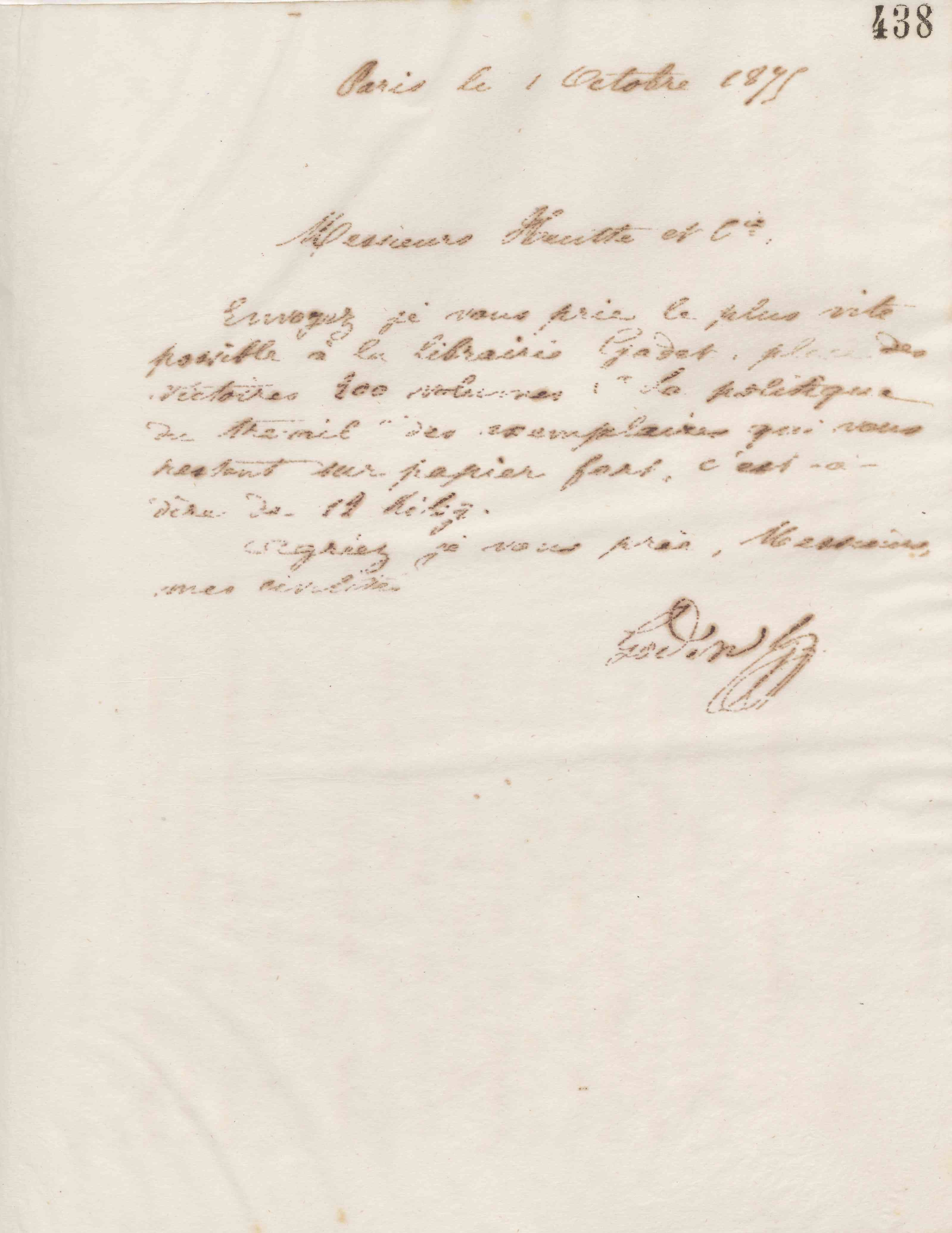 Jean-Baptiste André Godin à Eugène Heutte et Cie, 1er octobre 1875