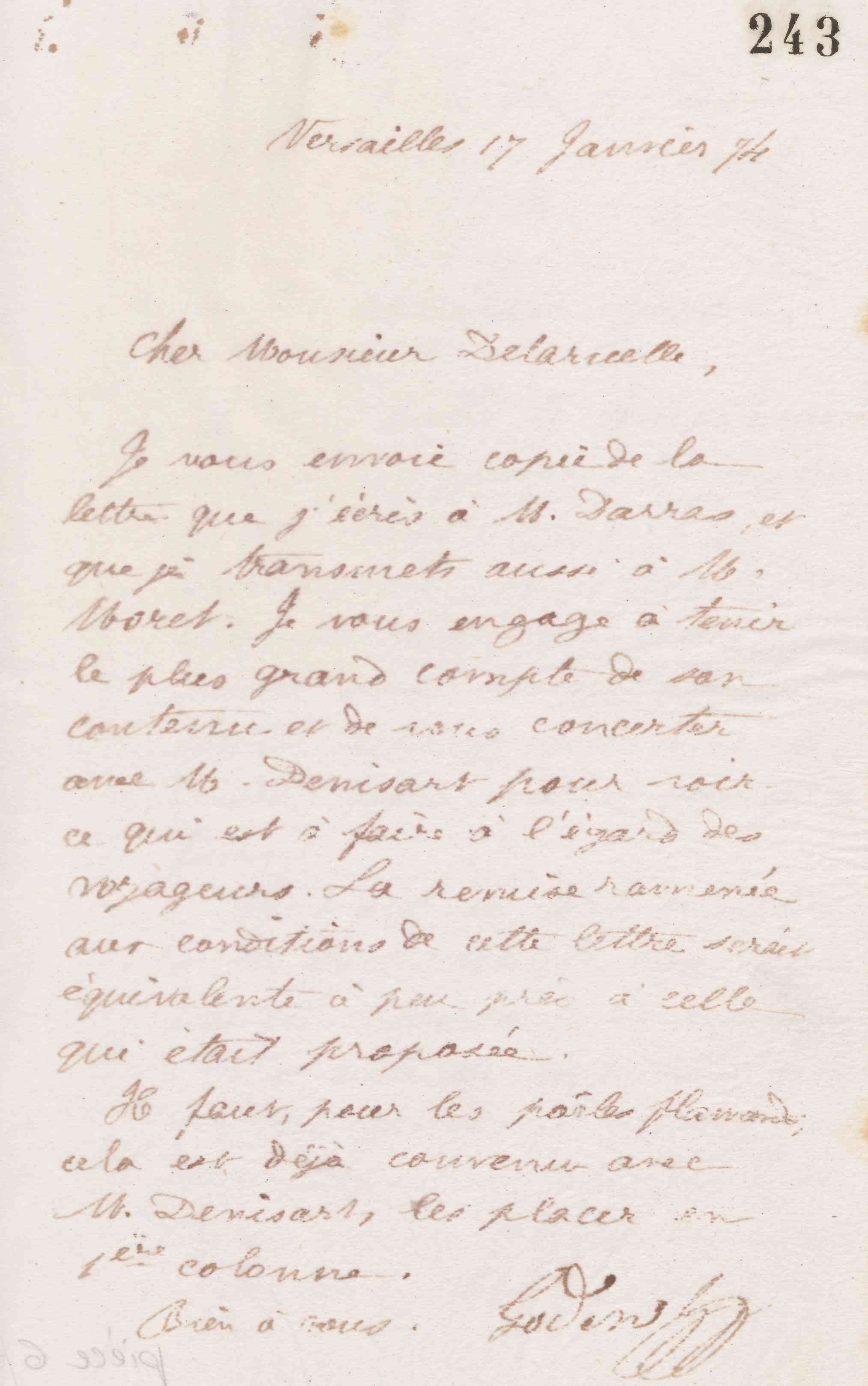 Jean-Baptiste André Godin à monsieur Delaruelle, 17 janvier 1874