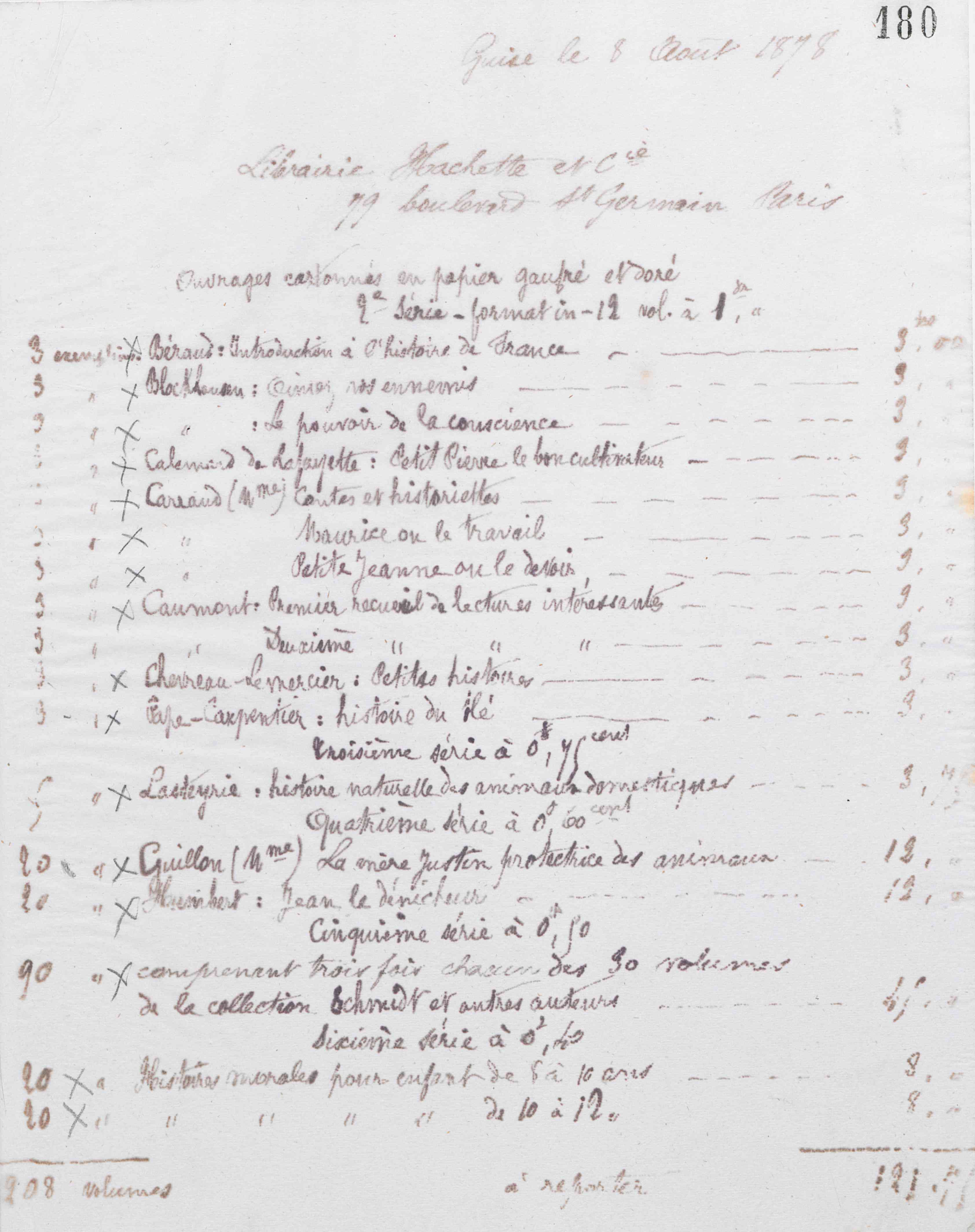 Marie Moret à Hachette et Cie, 8 août 1878