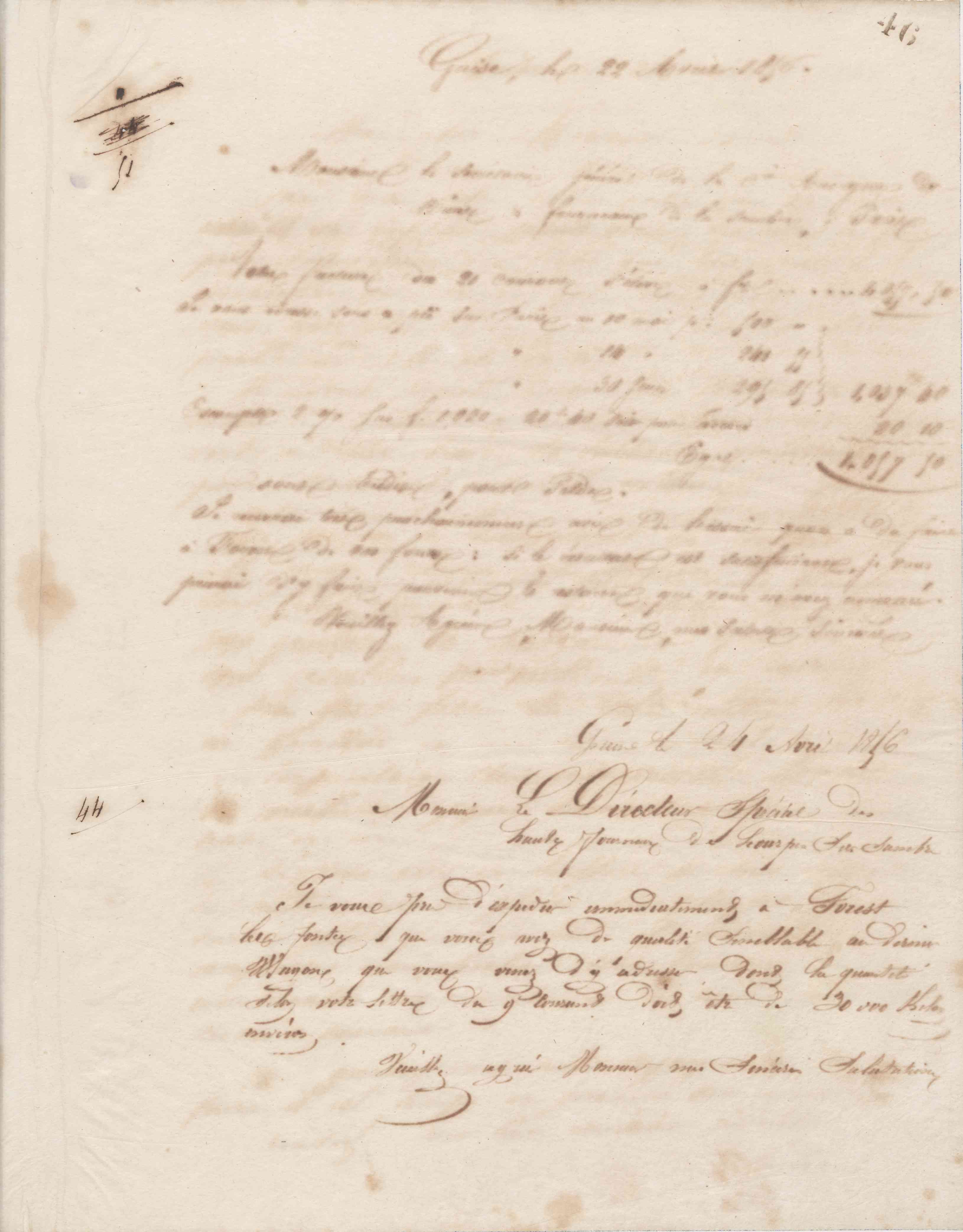Jean-Baptiste André Godin au secrétaire général de la Compagnie des mines et hauts-fourneaux de la Sambre, 22 avril 1856