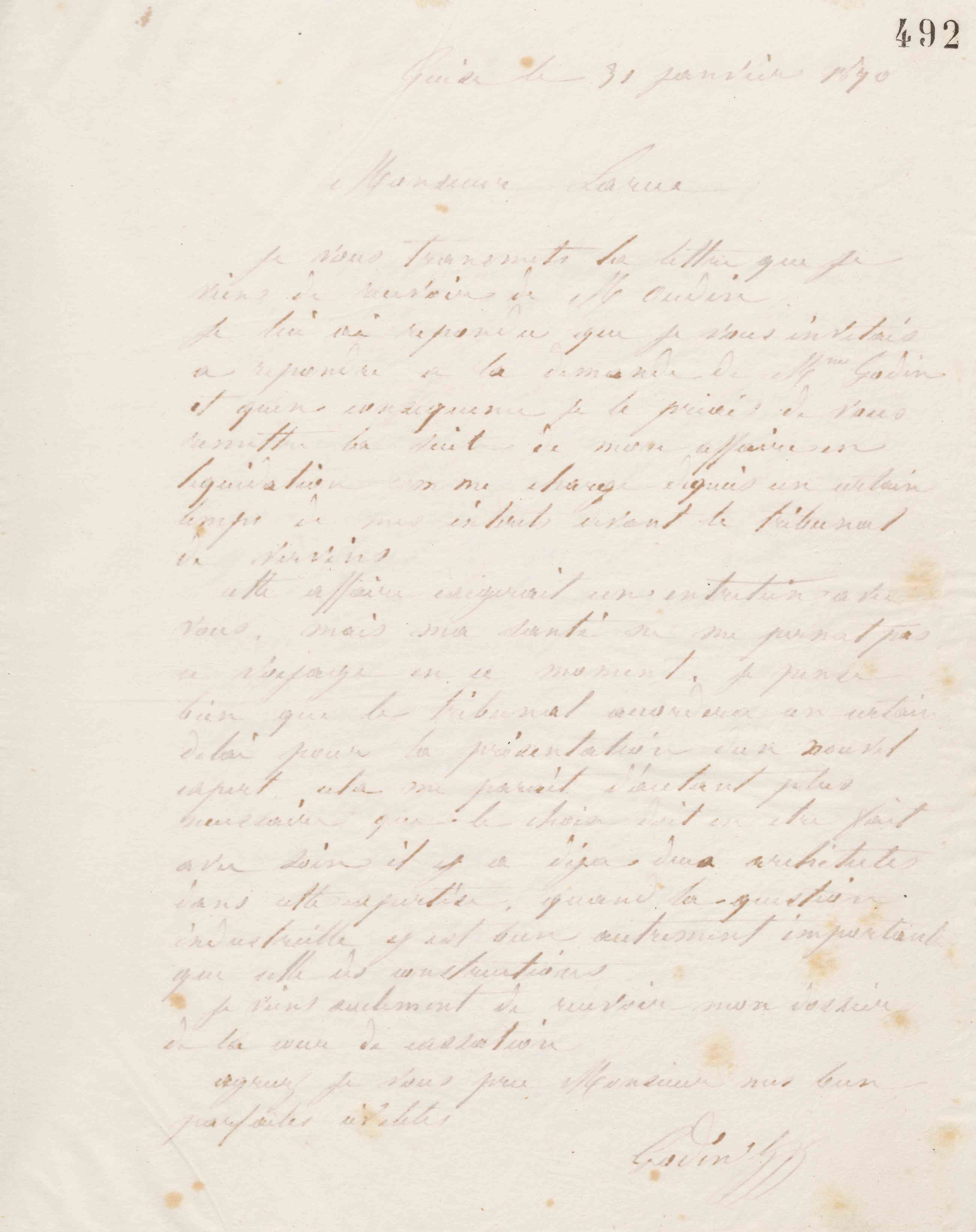 Jean-Baptiste André Godin à Édouard Larue, 31 janvier 1870
